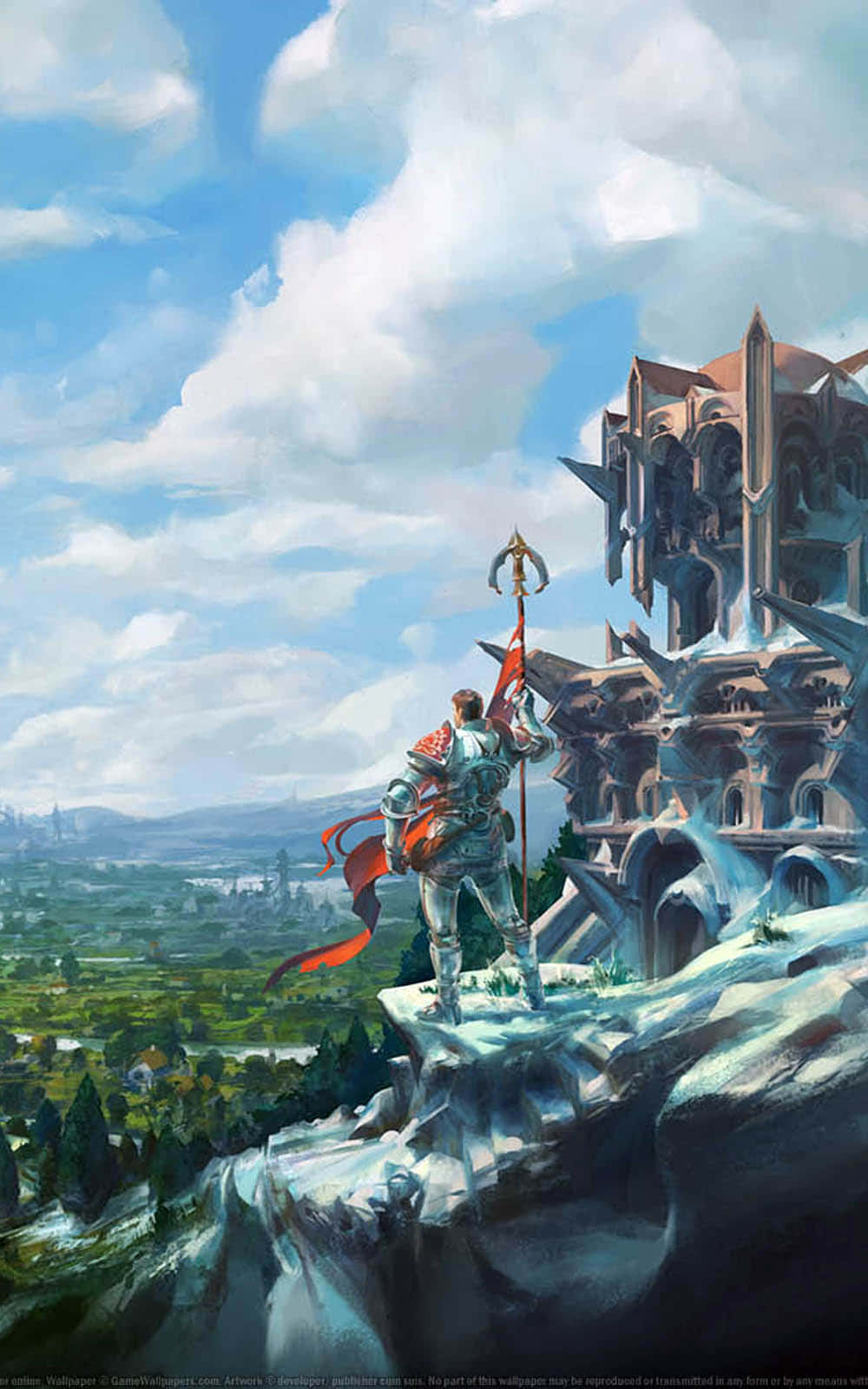 iPhone X Runescape 桌布 壁紙 — 一位身穿銀色盔甲的騎士站在白雪覆蓋的懸崖上，俯瞰著廣闊的山谷，遠處有一座哥德式城堡，在明亮的藍天下。