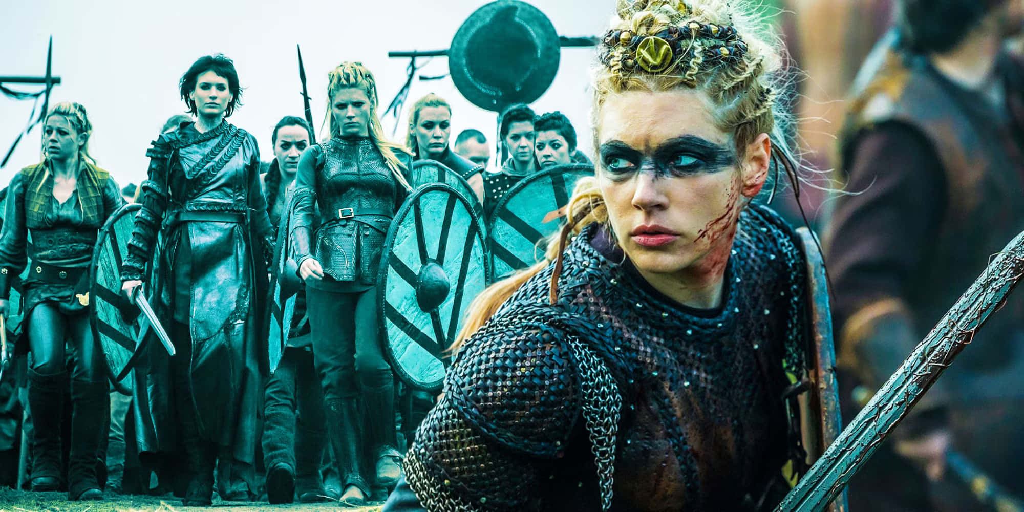 Female Viking Warriors 桌布 壁紙 — 一位身穿鎖子甲和臉部彩繪的兇猛維京女戰士，帶領著她手持盾牌和劍、準備作戰的小隊。