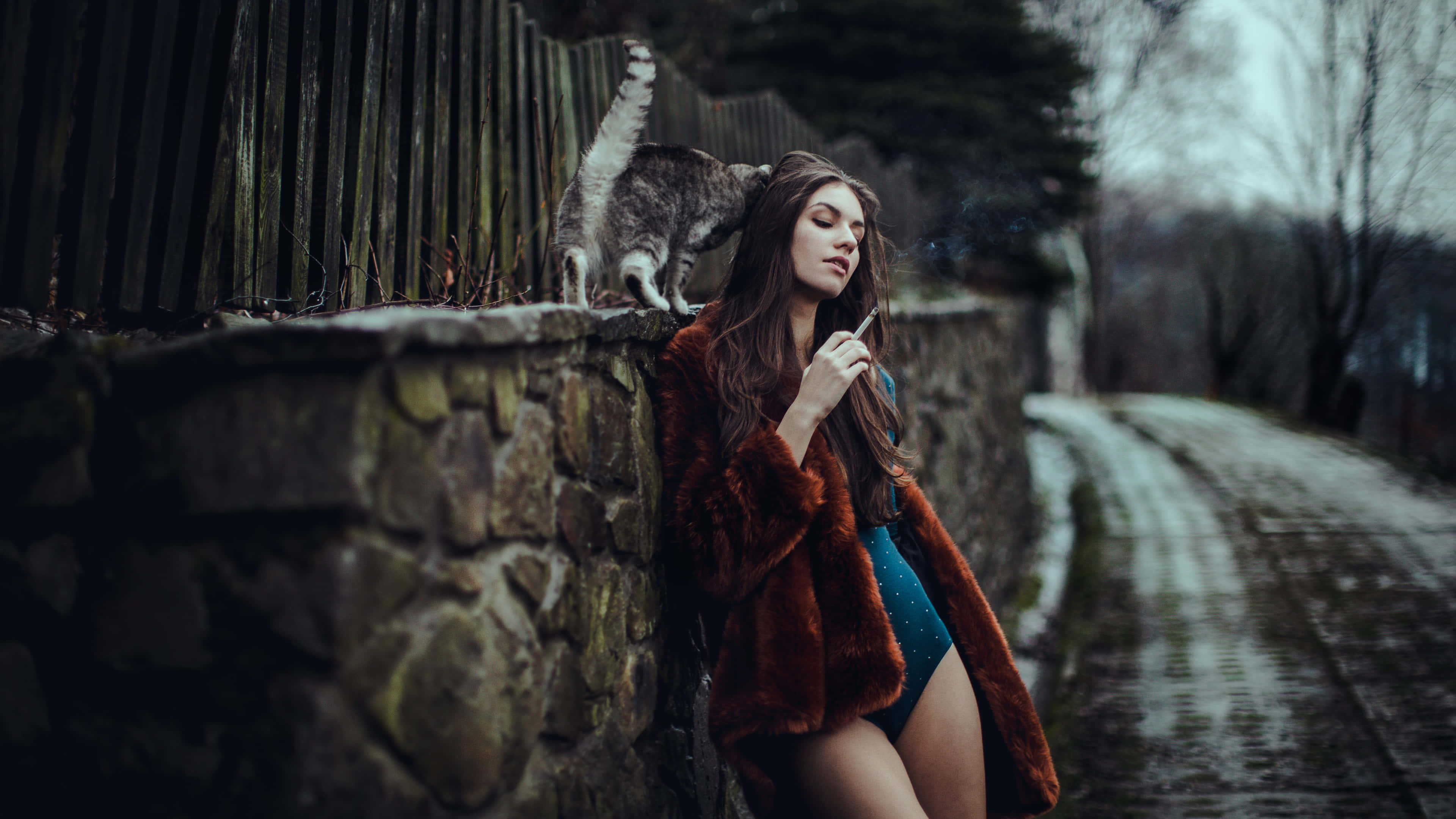 Girl Smoking 桌布 壁紙 — 一位身穿鏽色皮草大衣的女子靠著石牆，一隻虎斑貓棲息在牆上，旁邊是一條濕漉漉的鄉村道路。