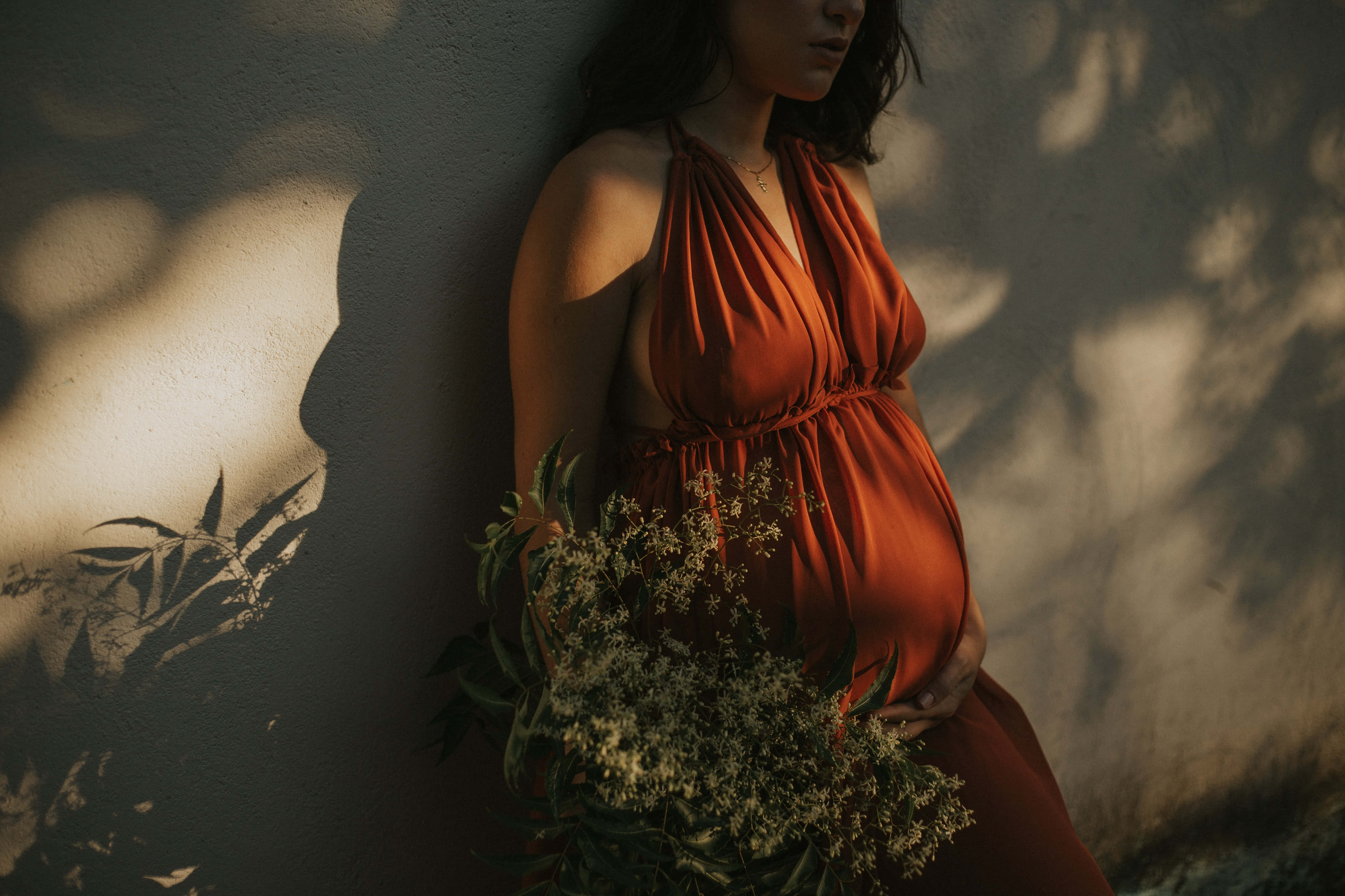 Pregnant 桌布 壁紙 — 一位身穿鏽色連衣裙的孕婦靠在牆上，斑駁的陽光將樹葉的影子投射在她和她手持的野花花束上。