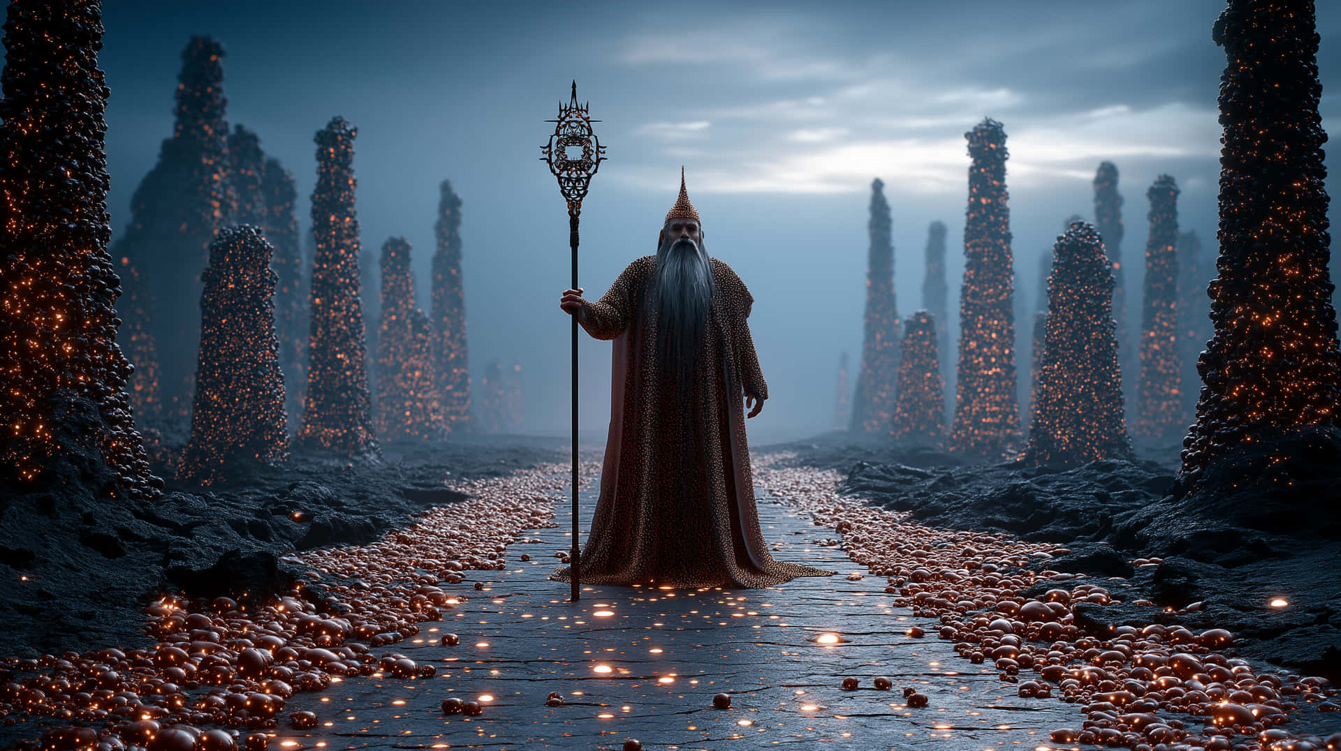 Ancient Sorcerer on a Luminous Path Through Mystical Pillars 壁紙 — 一位身穿長袍、留著長鬍鬚的巫師，在暮色沉沉的天空下，走在一條佈滿發光球體、兩旁是高聳水晶結構的小徑上。