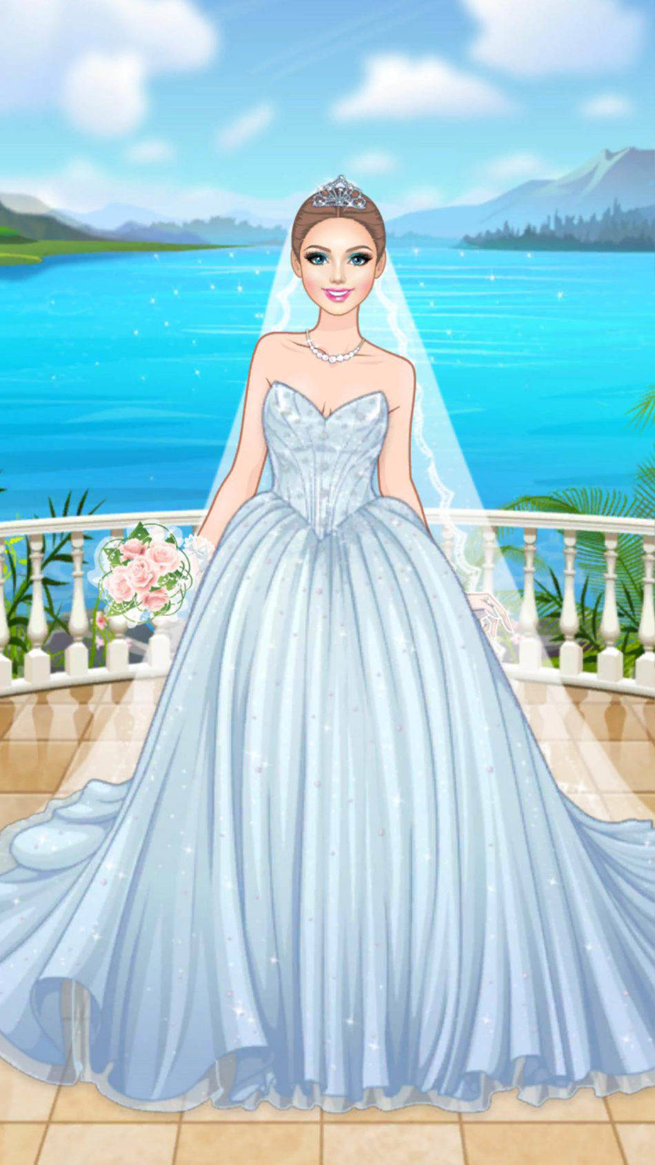 Wedding Dress 桌布 壁紙 — 一位身穿閃亮淺藍色禮服的新娘站在陽台上，俯瞰著寧靜的碧綠湖泊，遠處有山脈，天空湛藍。