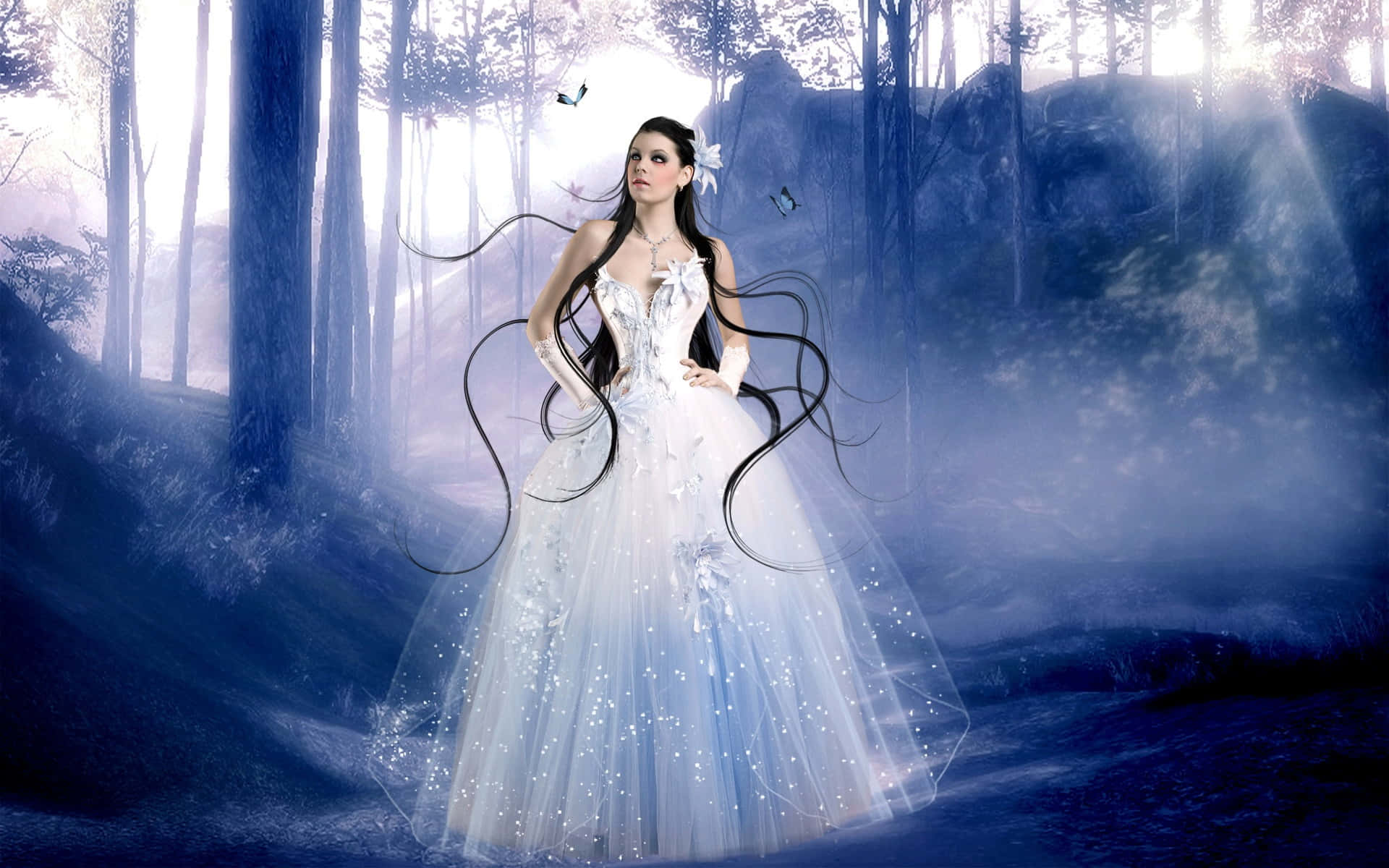 Butterfly Fancy Dress 桌布 壁紙 — 一位身穿閃亮白色長袍的女性，站在迷霧藍色森林中，長髮飄逸，蝴蝶環繞。