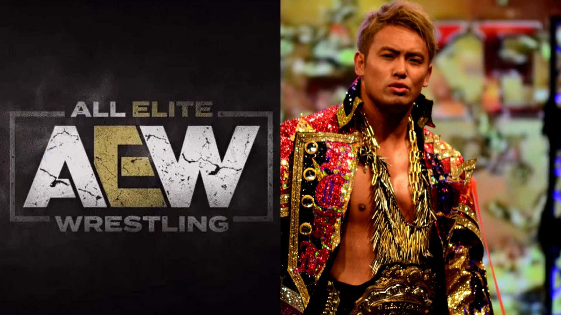 Aew 桌布 壁紙 — 一位身穿閃亮金紅色外套的摔角手站在黑暗舞台上的All Elite Wrestling標誌旁。