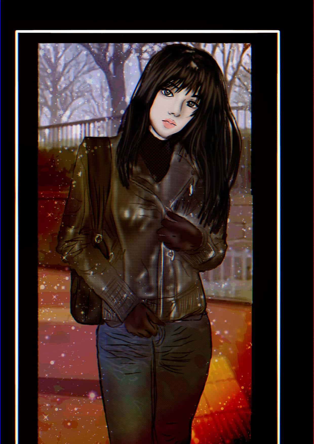 Naomi Misora 桌布 壁紙 — 一位身穿閃亮金色外套的年輕女性，站在雪景城市中，背景有光禿的樹木和溫暖的燈光。
