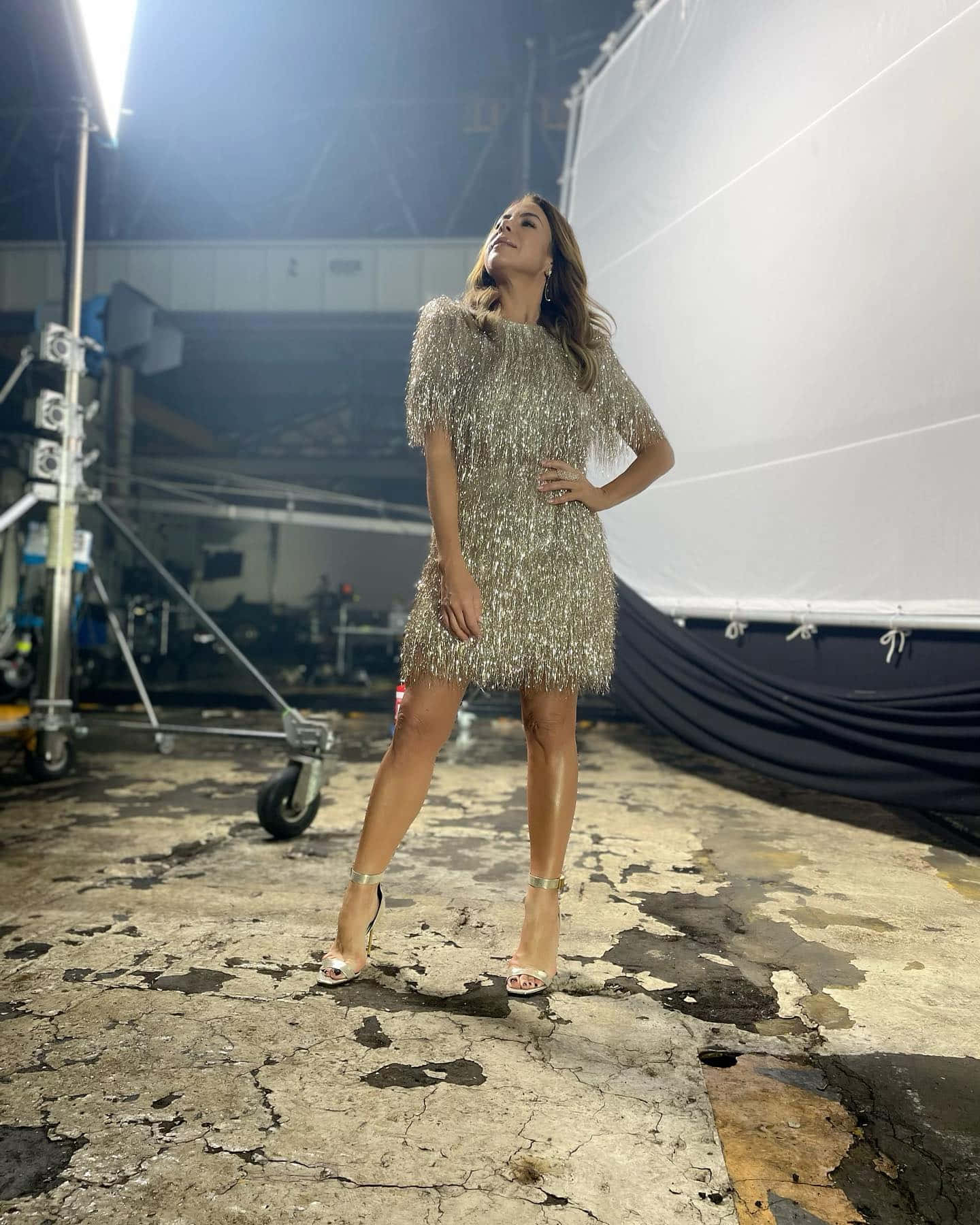 Kate Ritchie 桌布 壁紙 — 一位身穿閃亮銀色流蘇連衣裙的女性在一個可見照明設備和大型白色背景的簡陋工作室中自信地擺姿勢。