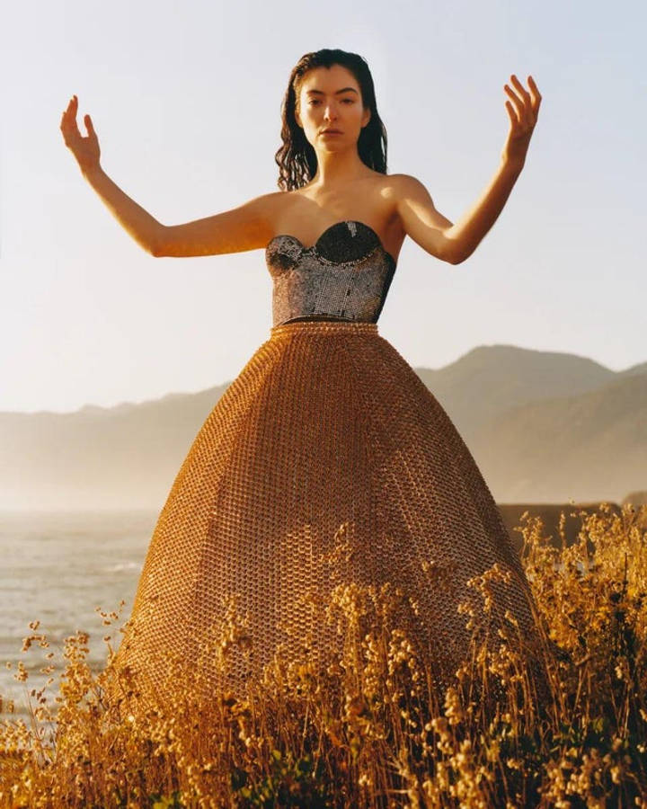 Lorde 桌布 壁紙 — 一位身穿閃爍金色鏈條裙的女子，在日落時分優雅地站在海邊的金色草地上，背景有山巒。