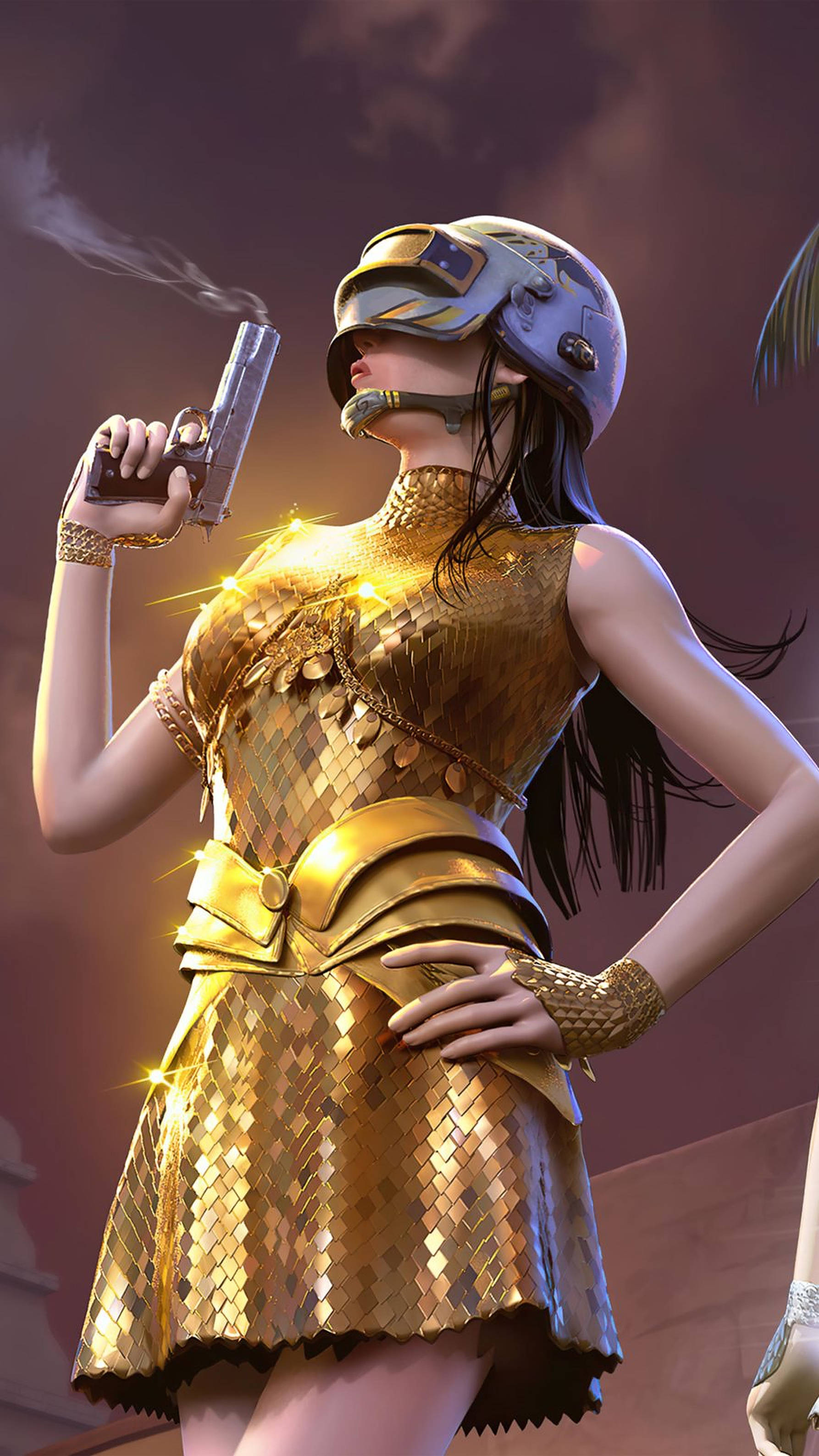 一位身穿金色盔甲和頭盔的女性，在黃昏時分拿著冒煙的手槍。 — PUBG 4K 壁紙 壁紙