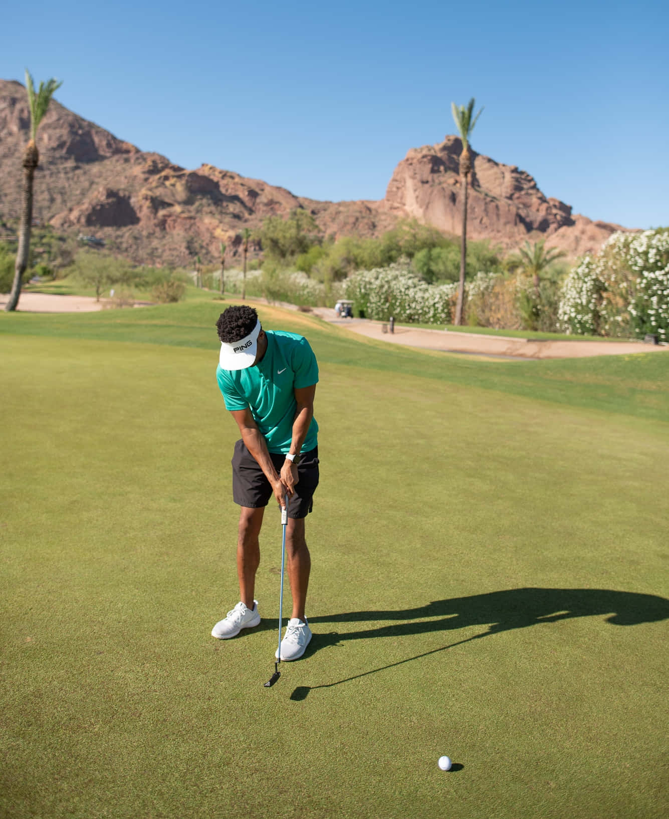 Golf Green 桌布 壁紙 — 一位身穿青綠色襯衫的高爾夫球手在陽光明媚的沙漠高爾夫球場上專注於推桿，背景是岩石山脈和棕櫚樹。