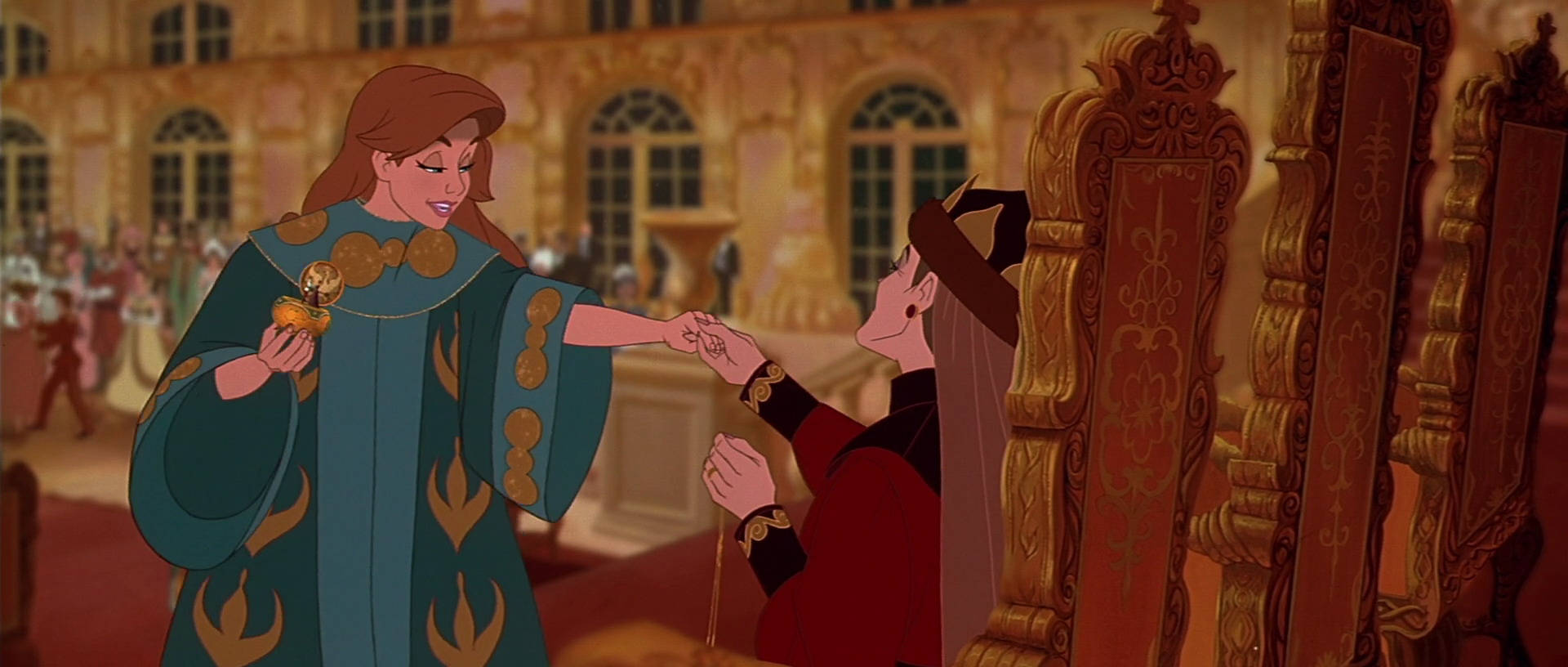 Anastasia 桌布 壁紙 — 一位身穿青綠色長袍的公主，在宏偉大廳的華麗王座前，向一位身穿紅衣跪著的人物遞上一個金蘋果。