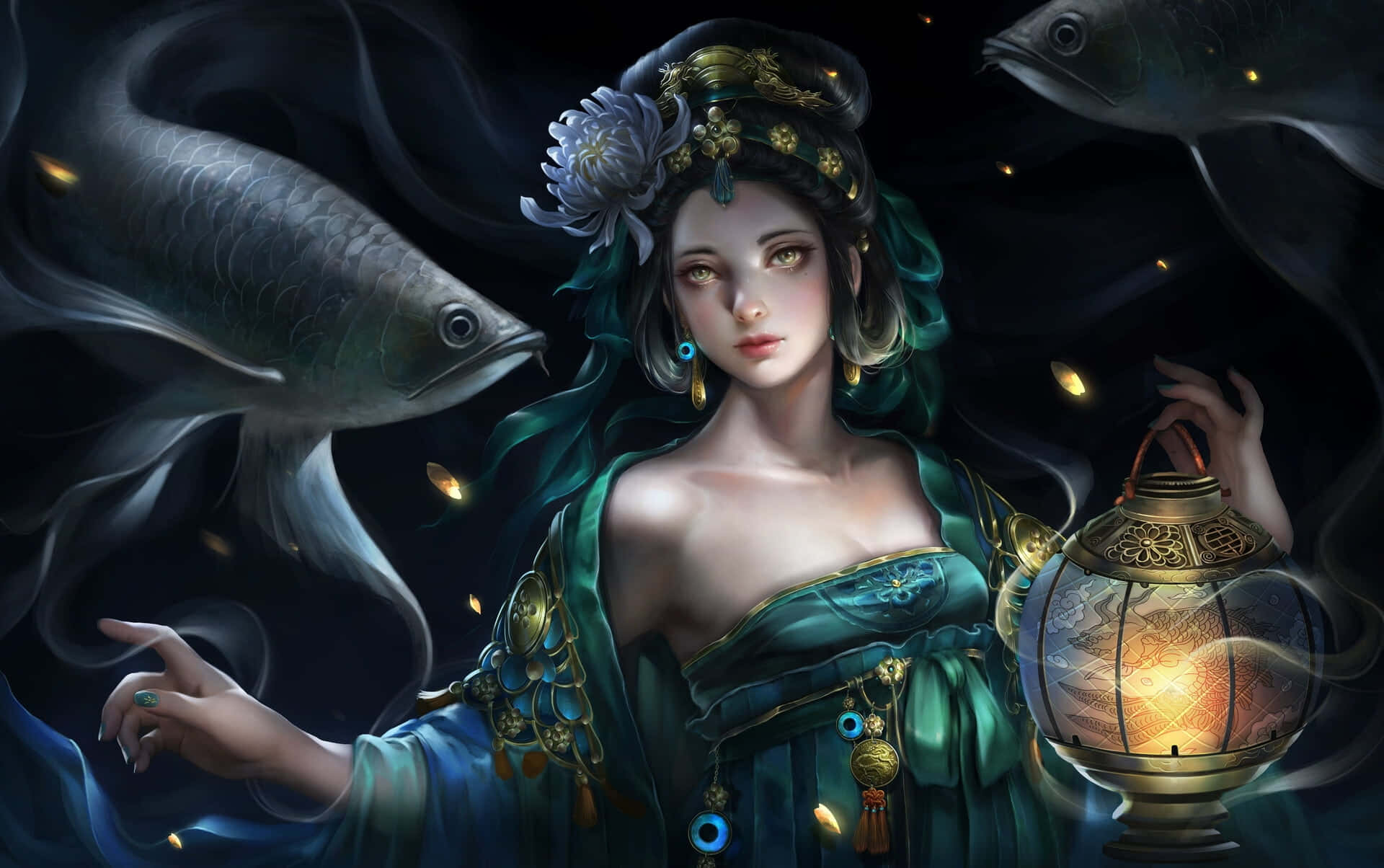 桌布 壁紙 — 一位身穿青綠色長袍的神秘女子手持發光燈籠，銀色的魚在她周圍黑暗旋轉的迷霧中游動。