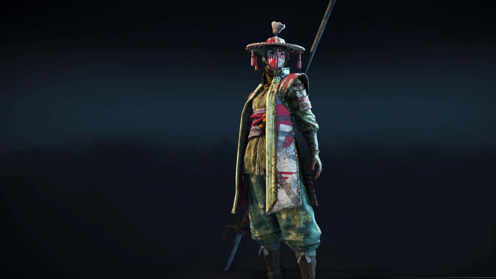 Female Samurai For Honor 桌布 壁紙 — 一位身穿風化盔甲和紅色面具頭盔的武士戰士，在深色漸變背景前手持武士刀擺出姿勢。