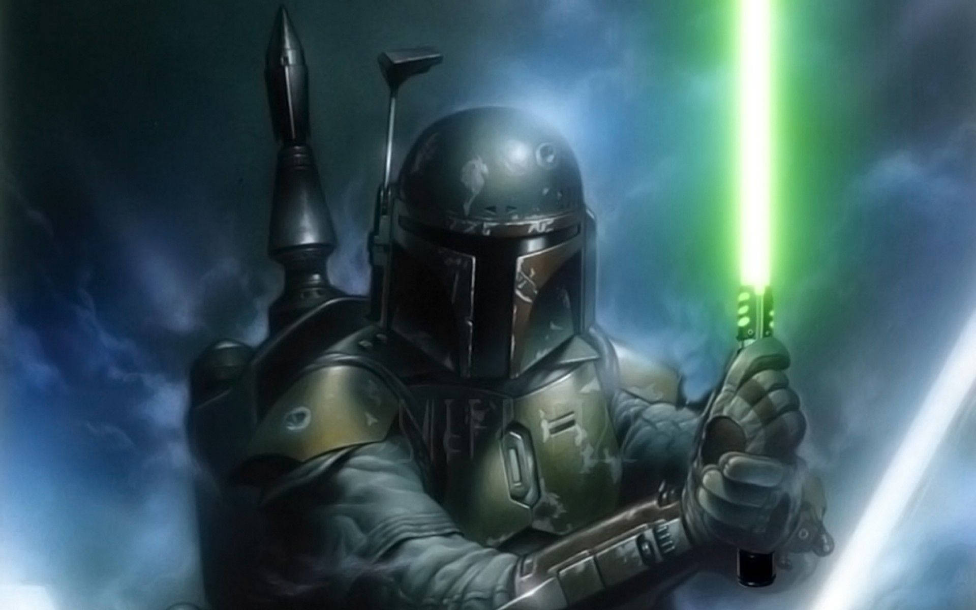 Boba 桌布 壁紙 — 一位身穿風化盔甲的曼達洛戰士在暴風雨黃昏的天空下握著發光的綠色光劍。