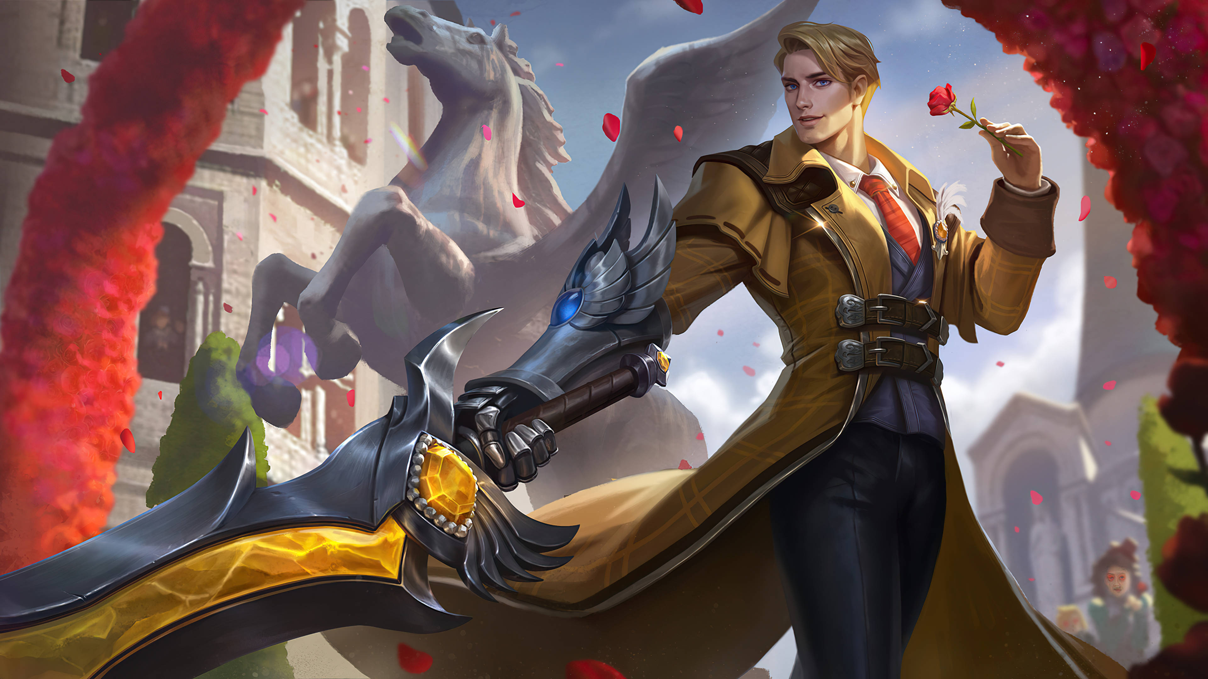 Mobile Legends 動態圖 桌布 壁紙 — 一位身穿風衣的英雄男性角色，手持玫瑰並揮舞著發光的劍，背景是紅色花瓣、雄偉的白馬和城堡。