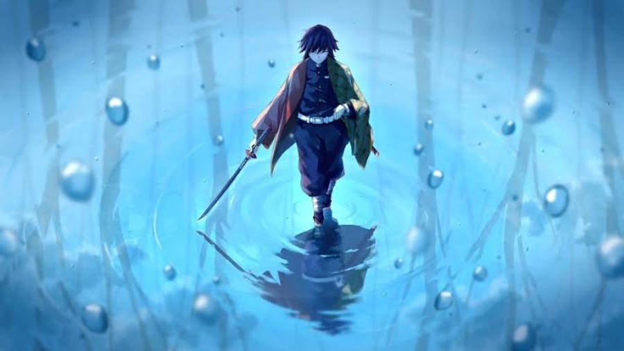 水 桌布 壁紙 — 一位身穿飄逸外套的動漫戰士，在發光的藍色水中涉水而行，周圍有漣漪和漂浮的氣泡。