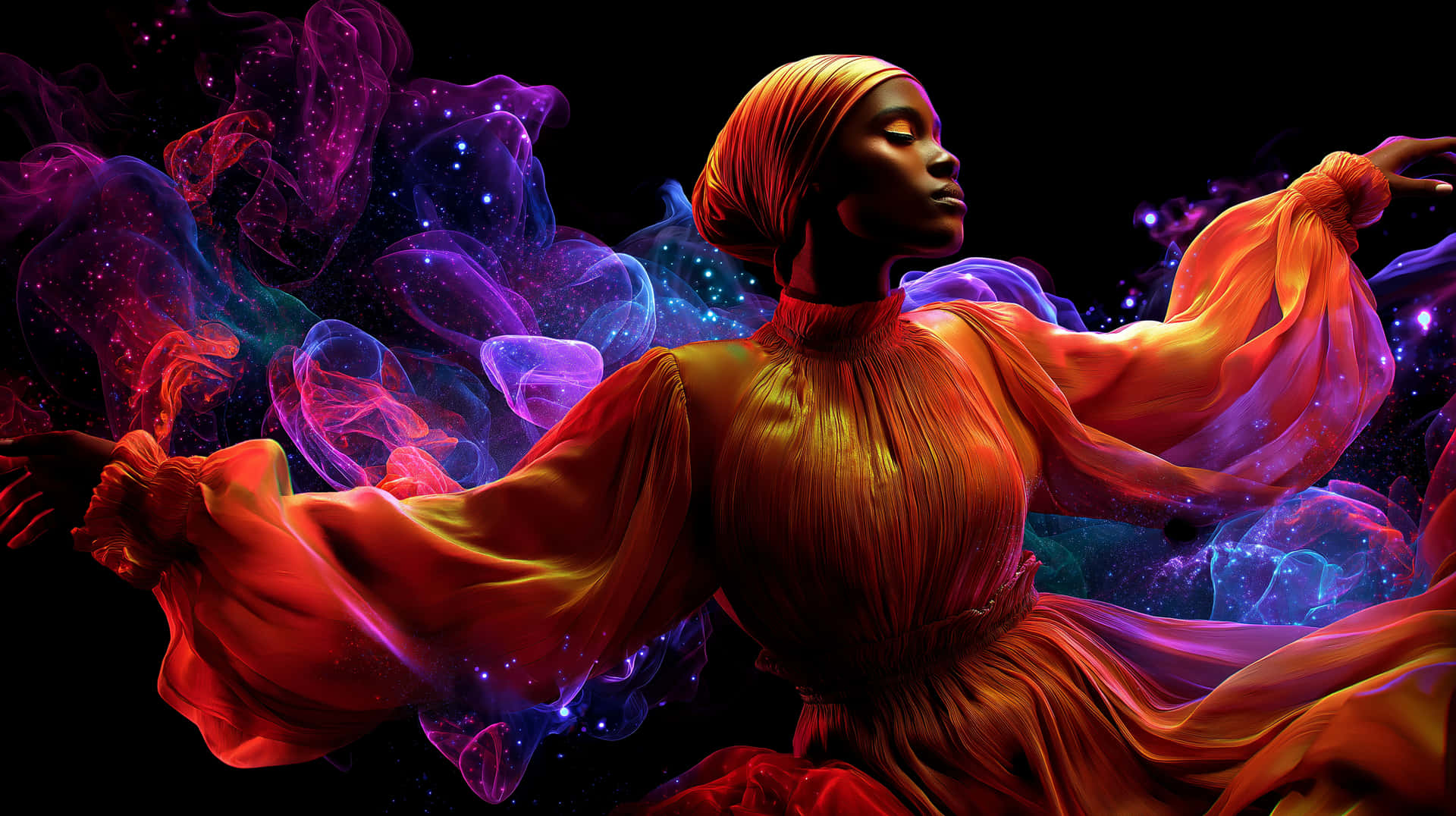 Woman Dancing Amidst Swirling Ethereal Nebula and Stardust 壁紙 — 一位身穿飄逸橙色長裙的女子，在紫色、藍色和紅色的旋轉宇宙星雲中起舞，背景是佈滿星光的黑色虛空。