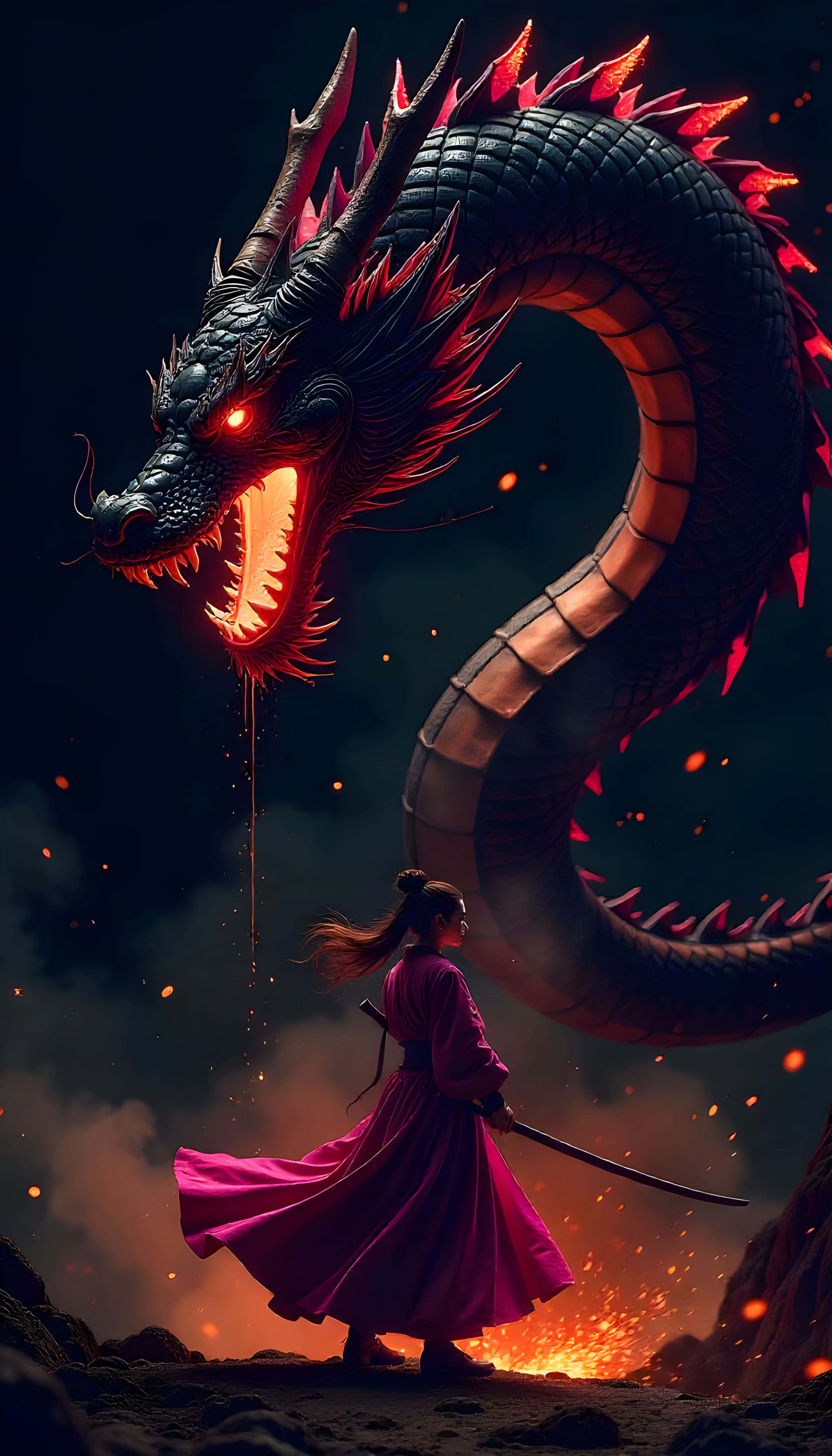武士動畫 桌布 壁紙 — 一位身穿飄逸洋紅色長袍的戰士，挑釁地站在一頭巨大的黑龍面前，黑龍有著發光的紅眼睛和尖刺，餘燼從它張開的嘴中如雨般落下。
