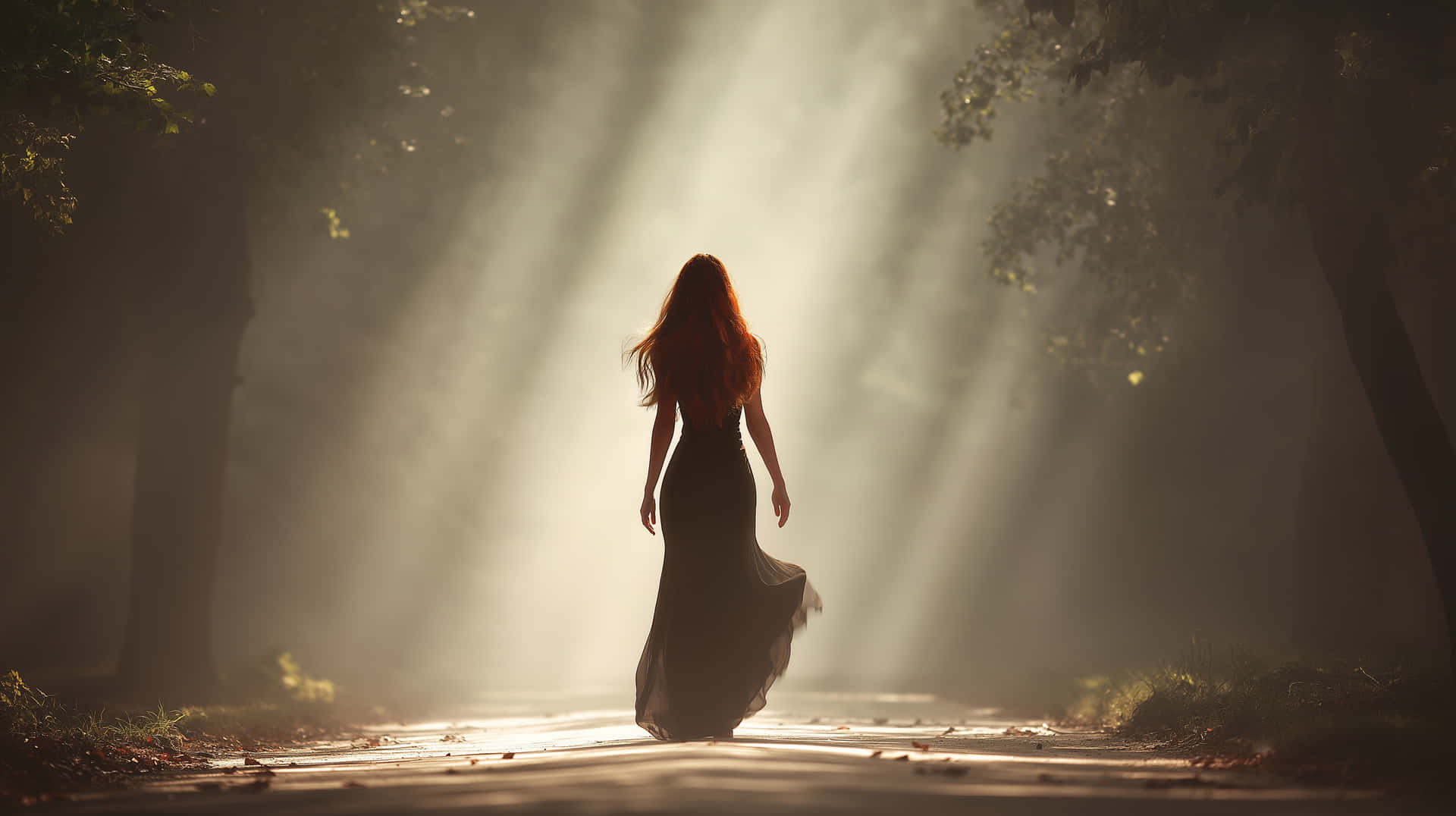 Enchanted Stroll: Figure Walking Through Misty Forest Path 壁紙 — 一位身穿飄逸深色連衣裙的女子沿著霧氣瀰漫的森林小徑走遠，金色陽光穿過樹木照射下來。