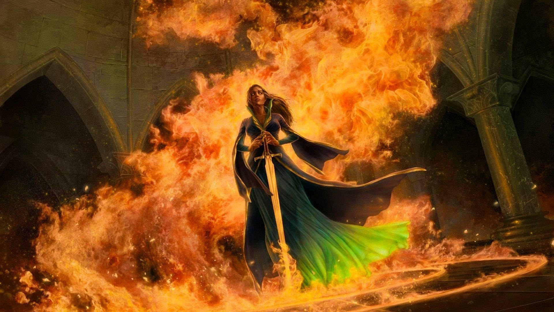 Fire Girl 桌布 壁紙 — 一位身穿飄逸深色長袍的女戰士，在哥德式大教堂內咆哮的火焰中挑釁地站立。