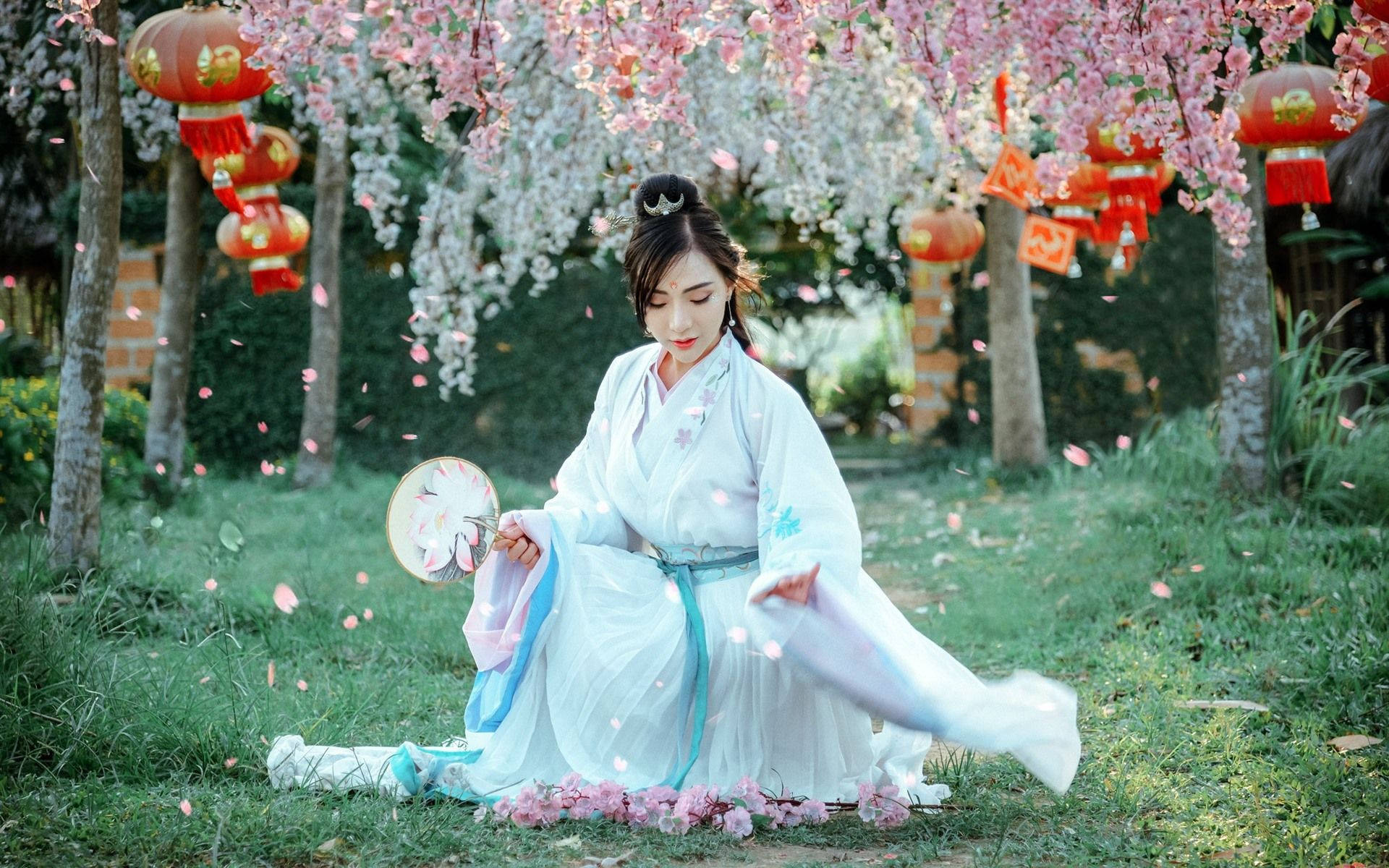 美女 桌布 壁紙 — 一位身穿飄逸白色傳統長袍的女子坐在盛開的櫻花樹下，粉紅色的花瓣在她周圍飄落。