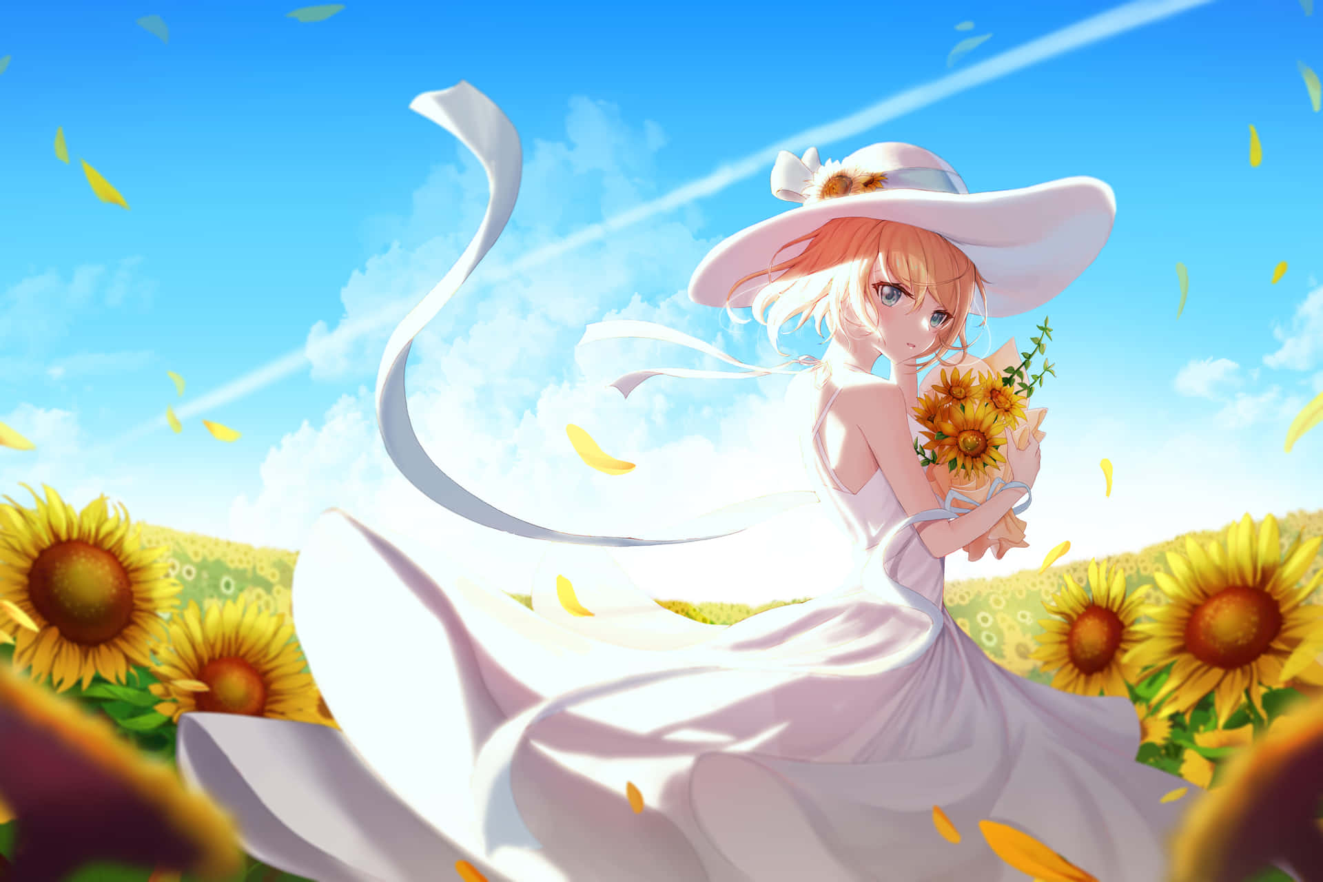 Sunflowers 桌布 壁紙 — 一位身穿飄逸白色連衣裙和寬邊帽的年輕動漫女孩，在明亮的藍天下，在充滿活力的向日葵田中捧著向日葵。
