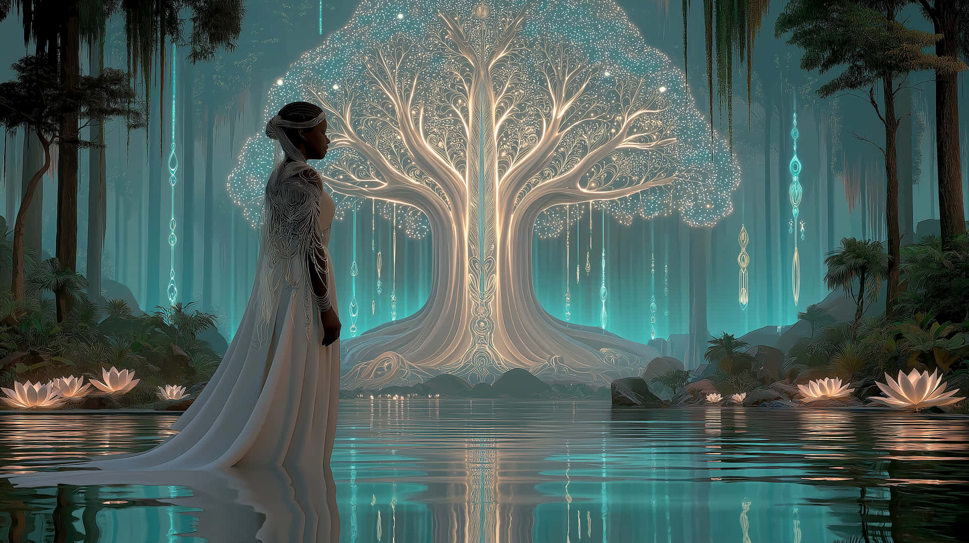 Mystical Figure Before a Luminous Tree of Life 壁紙 — 一位身穿飄逸白色長袍的女子，站在神秘森林中一棵閃閃發光的樹前的水中。