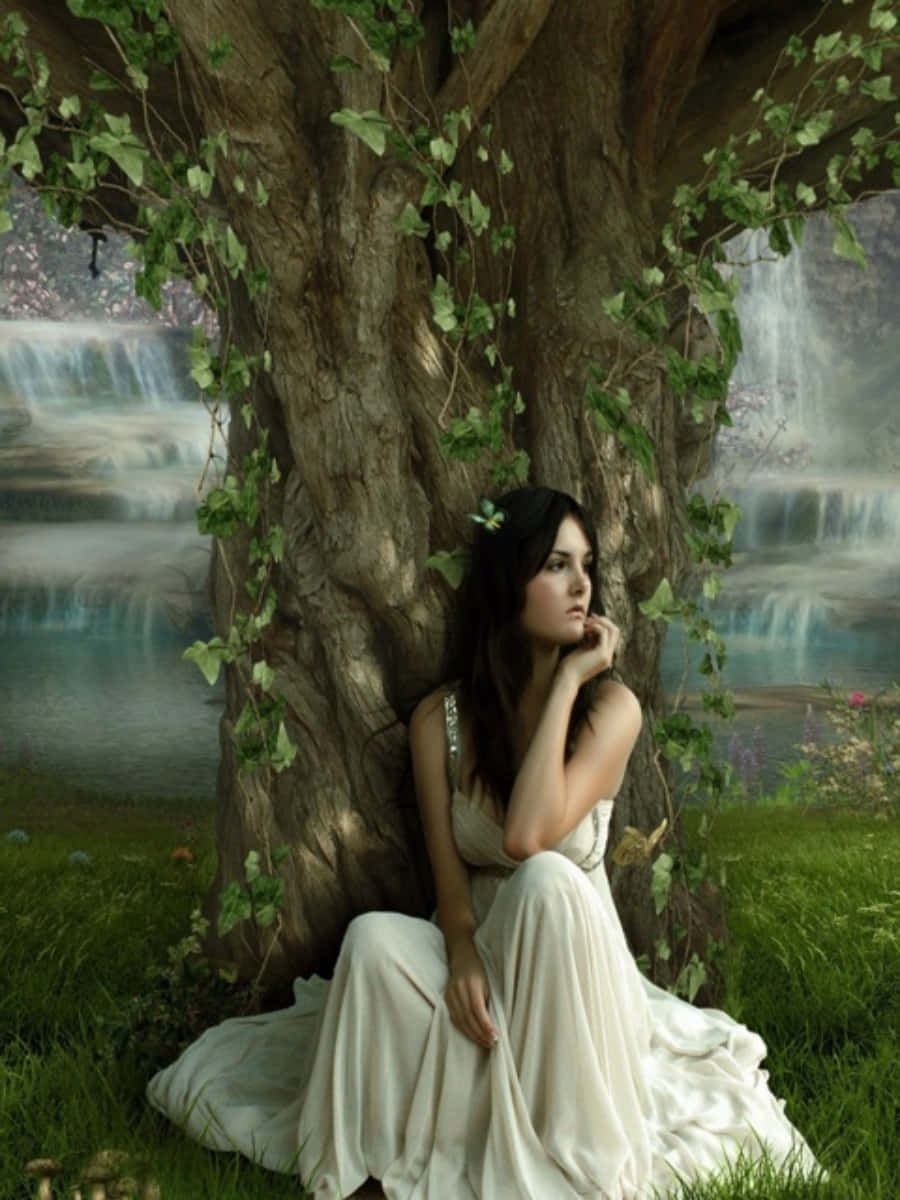 Lonely Girl 桌布 壁紙 — 一位身穿飄逸白色長袍的女性，在鬱鬱蔥蔥的綠色森林中，靠在一棵巨大的常春藤覆蓋的樹旁，旁邊是層疊的瀑布，沉思地坐著。