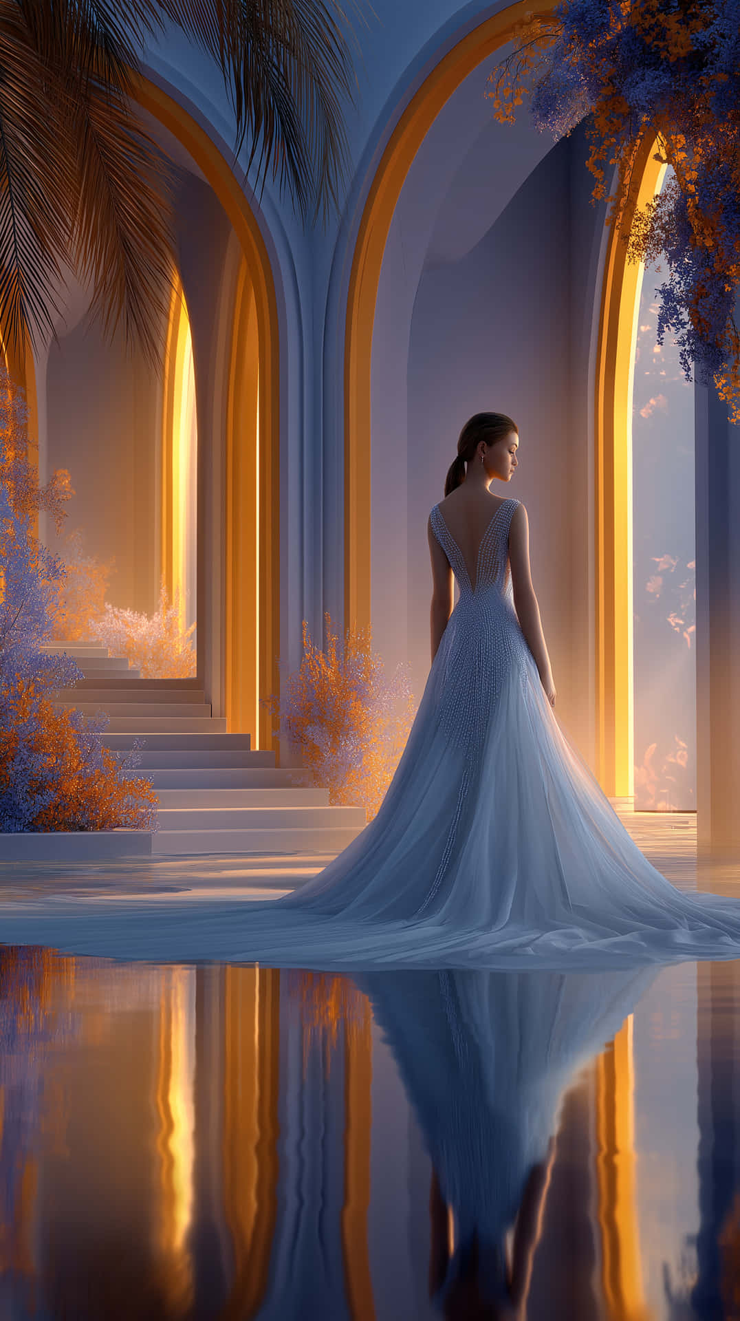 Woman in Gown Reflecting in Water by Grand Architecture 壁紙 — 一位身穿飄逸白色長袍的女性，站在一個寧靜的藍色和金色拱形走廊中，周圍有反射的水面和發光的光線。