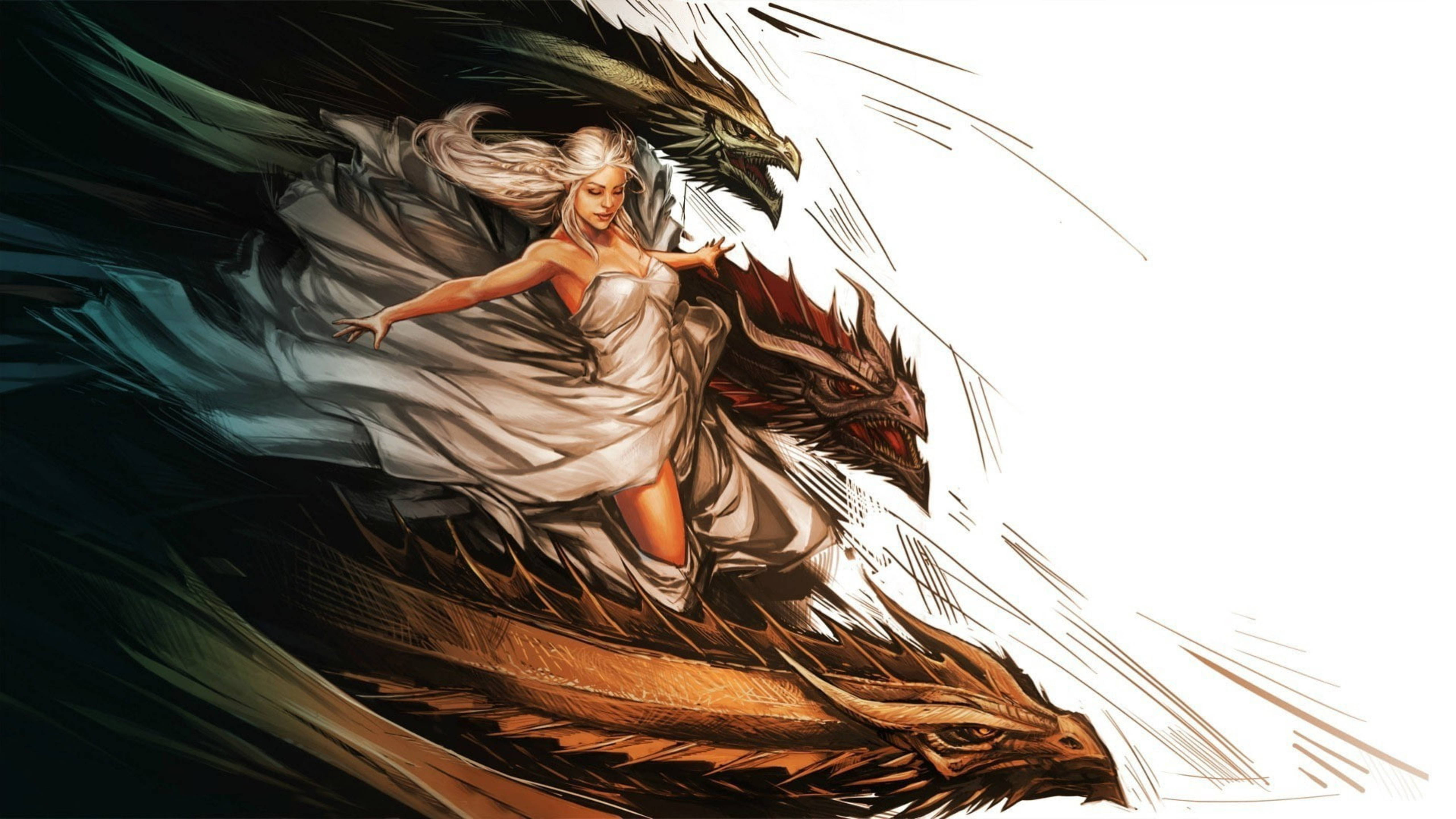 daenerys 桌布 壁紙 — 一位身穿飄逸白色長袍的女性騎著一條巨龍，穿過動態的運動和陰影爆發。