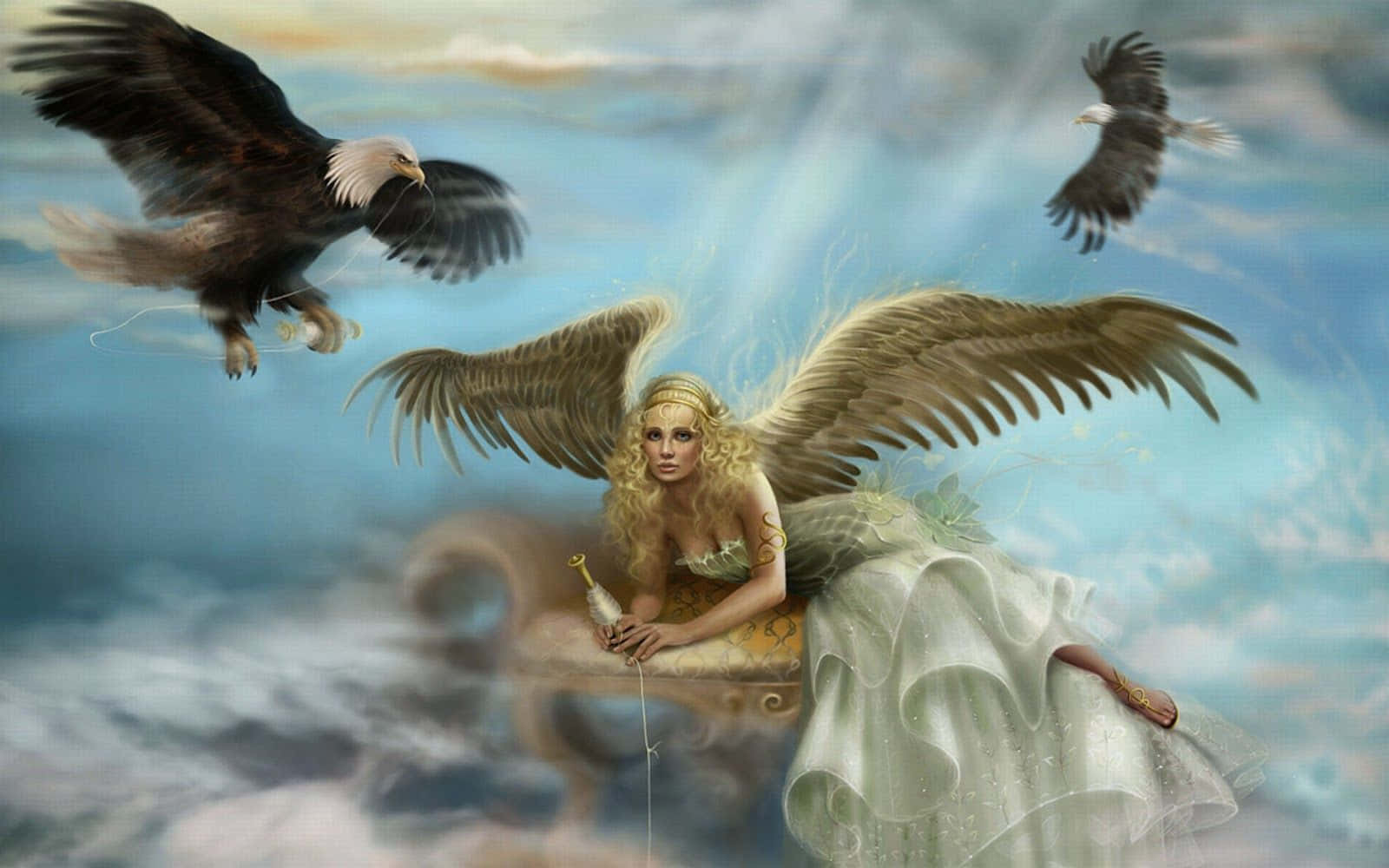 angels 桌布 壁紙 — 一位身穿飄逸白色長袍的有翼女子優雅地坐在雲端寶座上，兩隻鷹在夢幻般的天空中盤旋在她周圍。