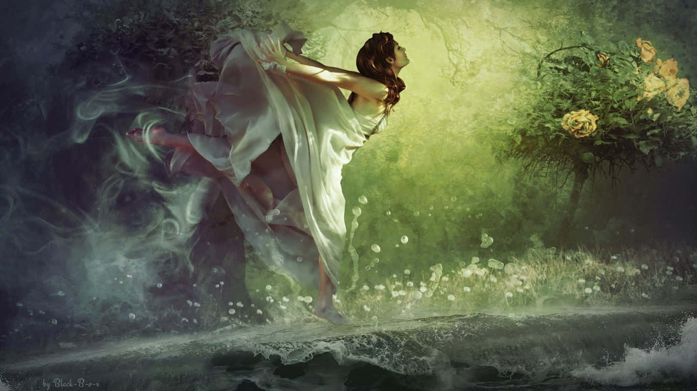 dreamy 桌布 壁紙 — 一位身穿飄逸白色長裙的女子，在神秘綠色燈光的水景中，伴隨著漂浮的泡泡和發光的花朵優雅起舞。