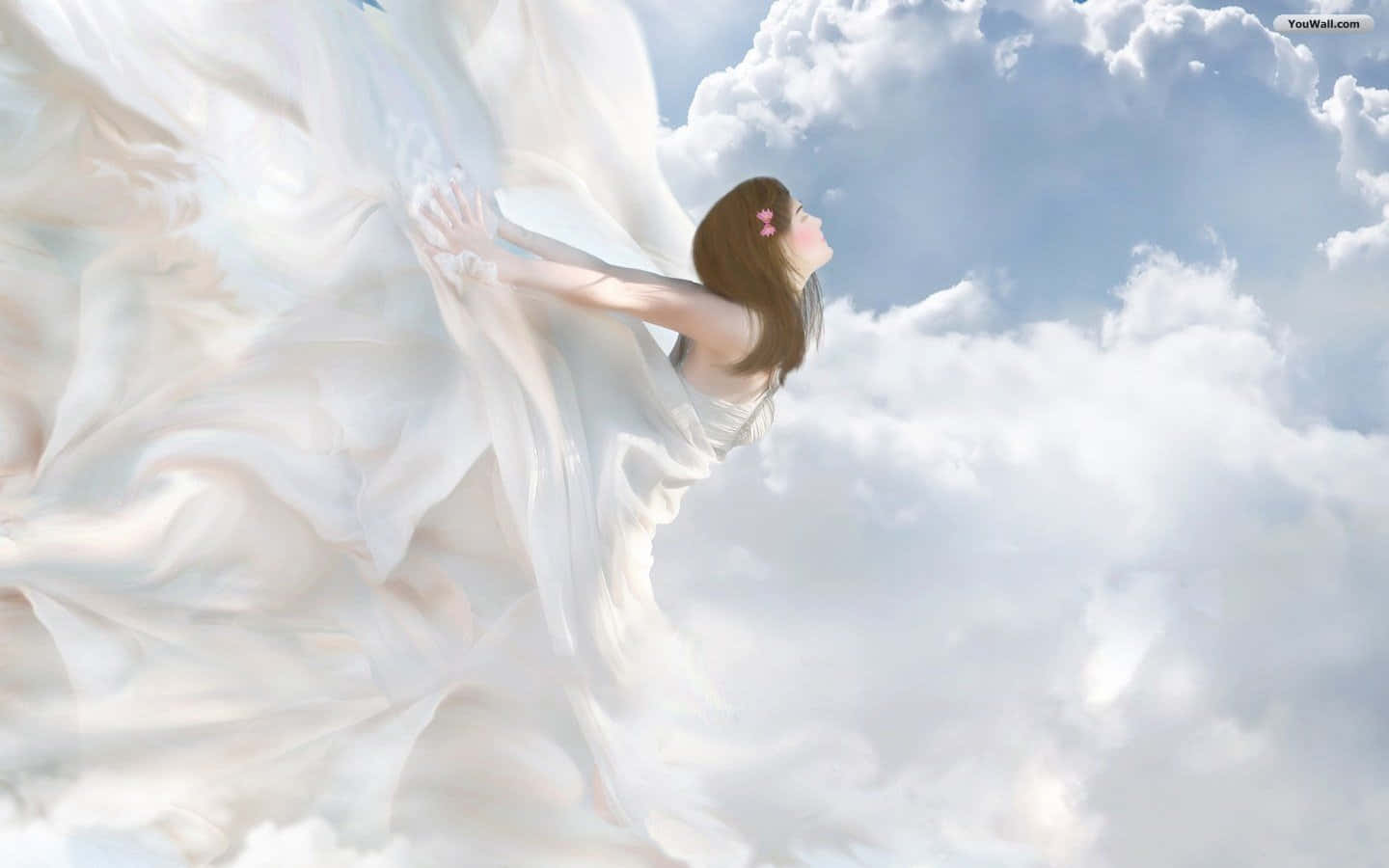 angels 桌布 壁紙 — 一位身穿飄逸白色長裙的女子，在蓬鬆的雲朵中優雅地漂浮，雙臂向天空伸展。