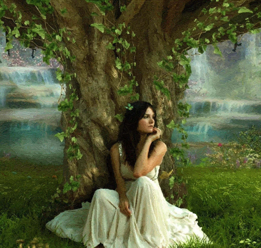 Beautiful Painting 桌布 壁紙 — 一位身穿飄逸白色長裙的女子，在鬱鬱蔥蔥的綠色森林中，靠著長滿苔蘚的樹幹，坐在寧靜的瀑布旁沉思。