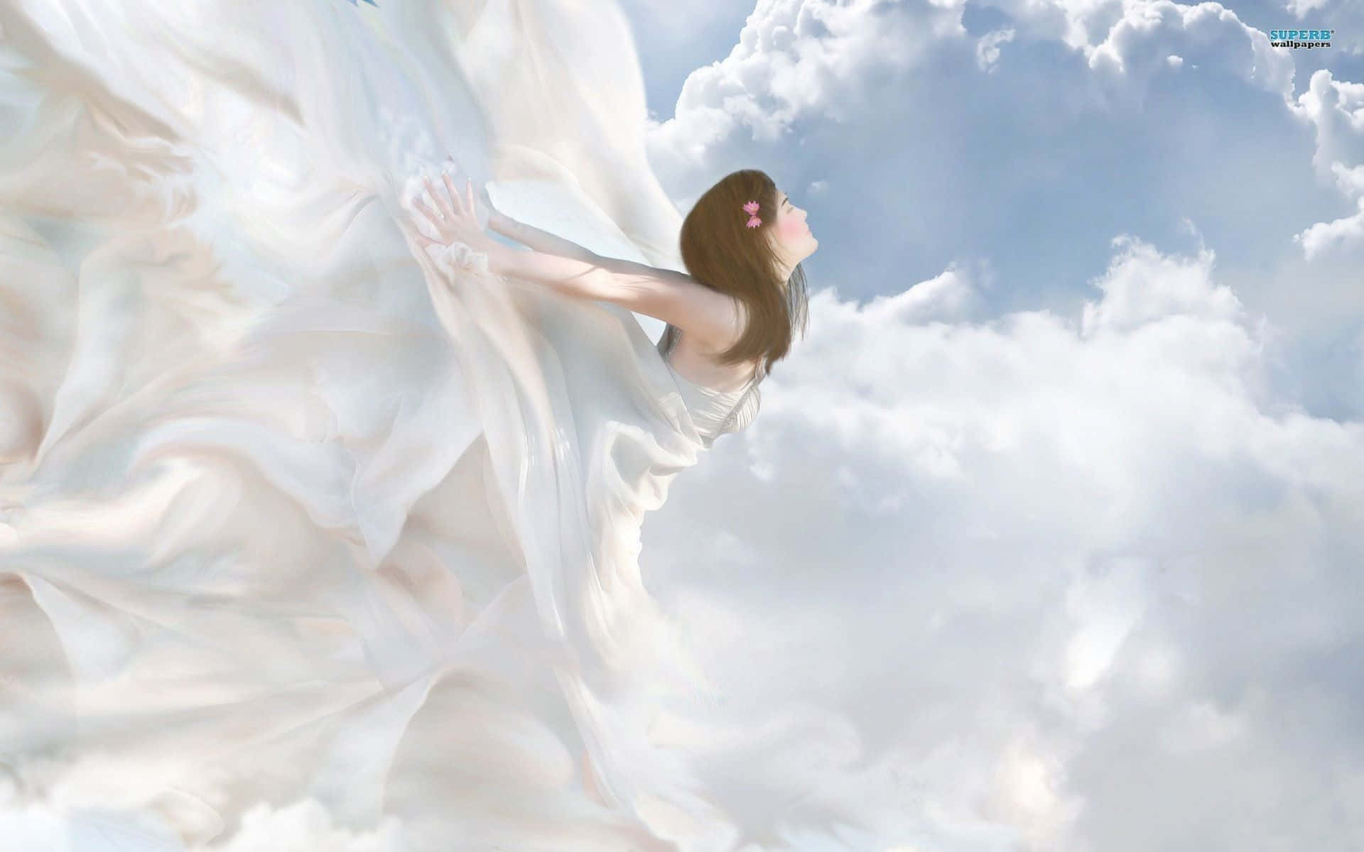 Angel Aesthetic Clouds 桌布 壁紙 — 一位身穿飄逸白色長裙的女性，在明亮的藍天下，優雅地漂浮在蓬鬆的雲朵之間。