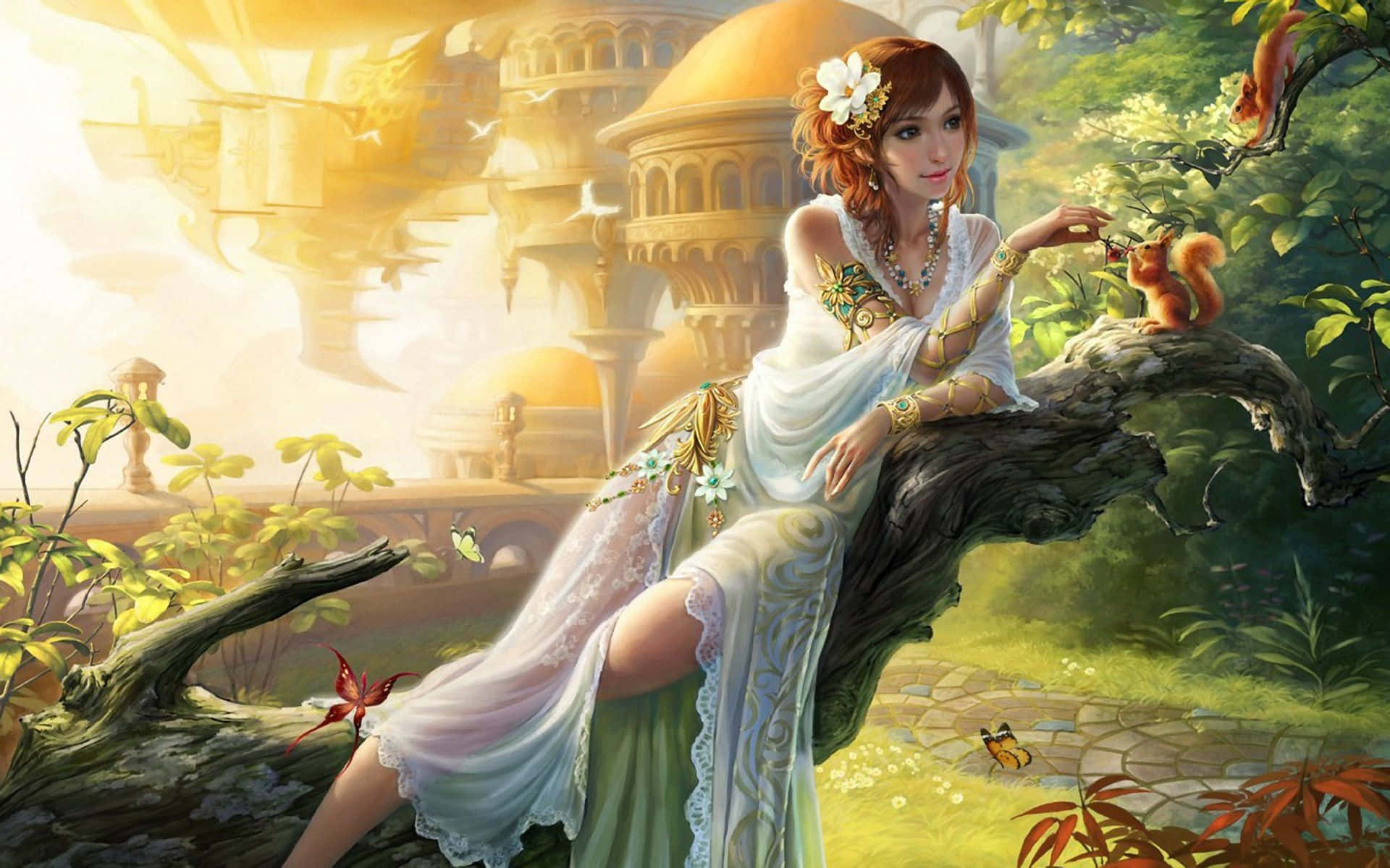 仙女 桌布 壁紙 — 一位身穿飄逸白袍的優雅女士坐在茂密花園的樹枝上，輕輕觸摸一隻紅松鼠，而浮動的金色圓頂結構在陽光明媚的天空中盤旋。