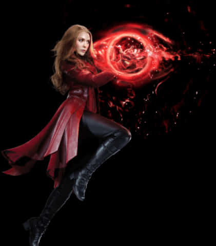 Scarlet Witch 桌布 壁紙 — 一位身穿飄逸紅色外套的女性在黑色背景前懸浮，同時引導一個旋轉的紅色能量球。
