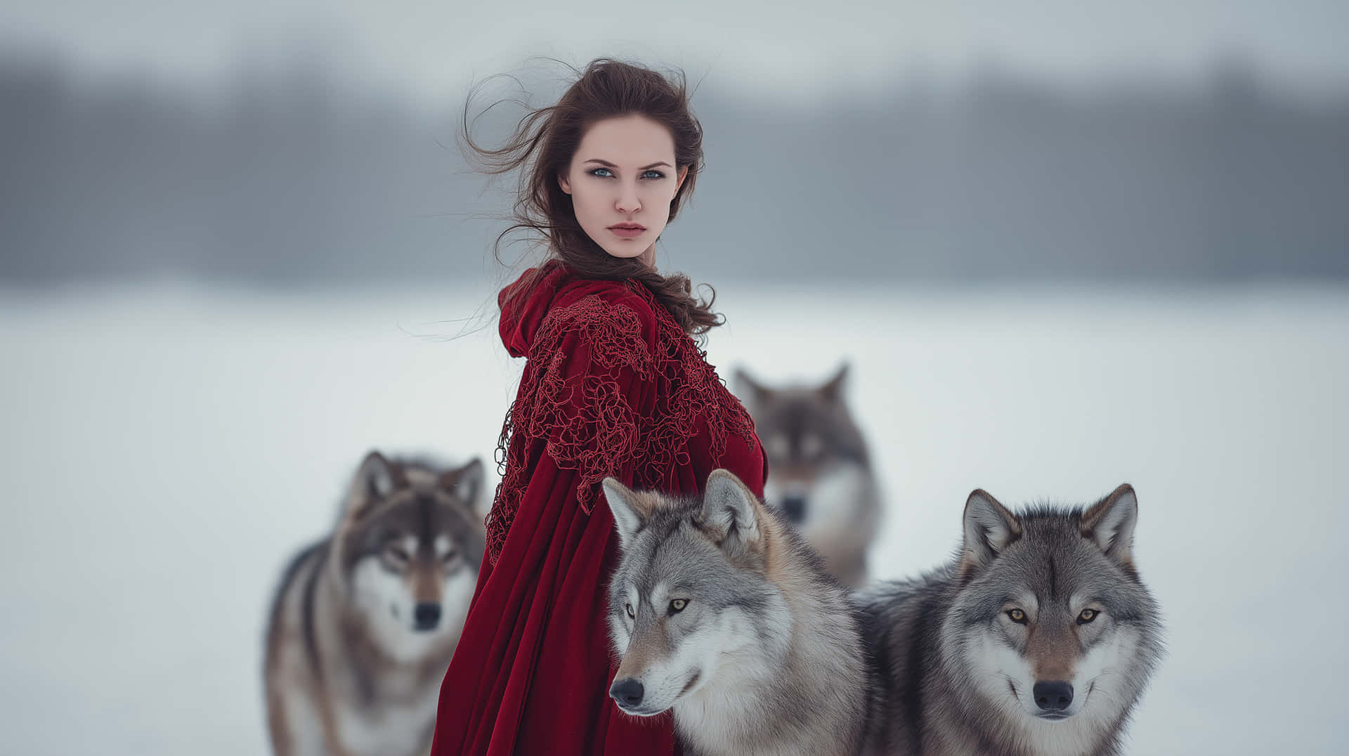 Regal Woman in Red Cape with Wolves in a Snowy Landscape 壁紙 — 一位身穿飄逸紅色斗篷的女子站在雪地裡，身旁有三隻狼，風吹亂了她的頭髮。