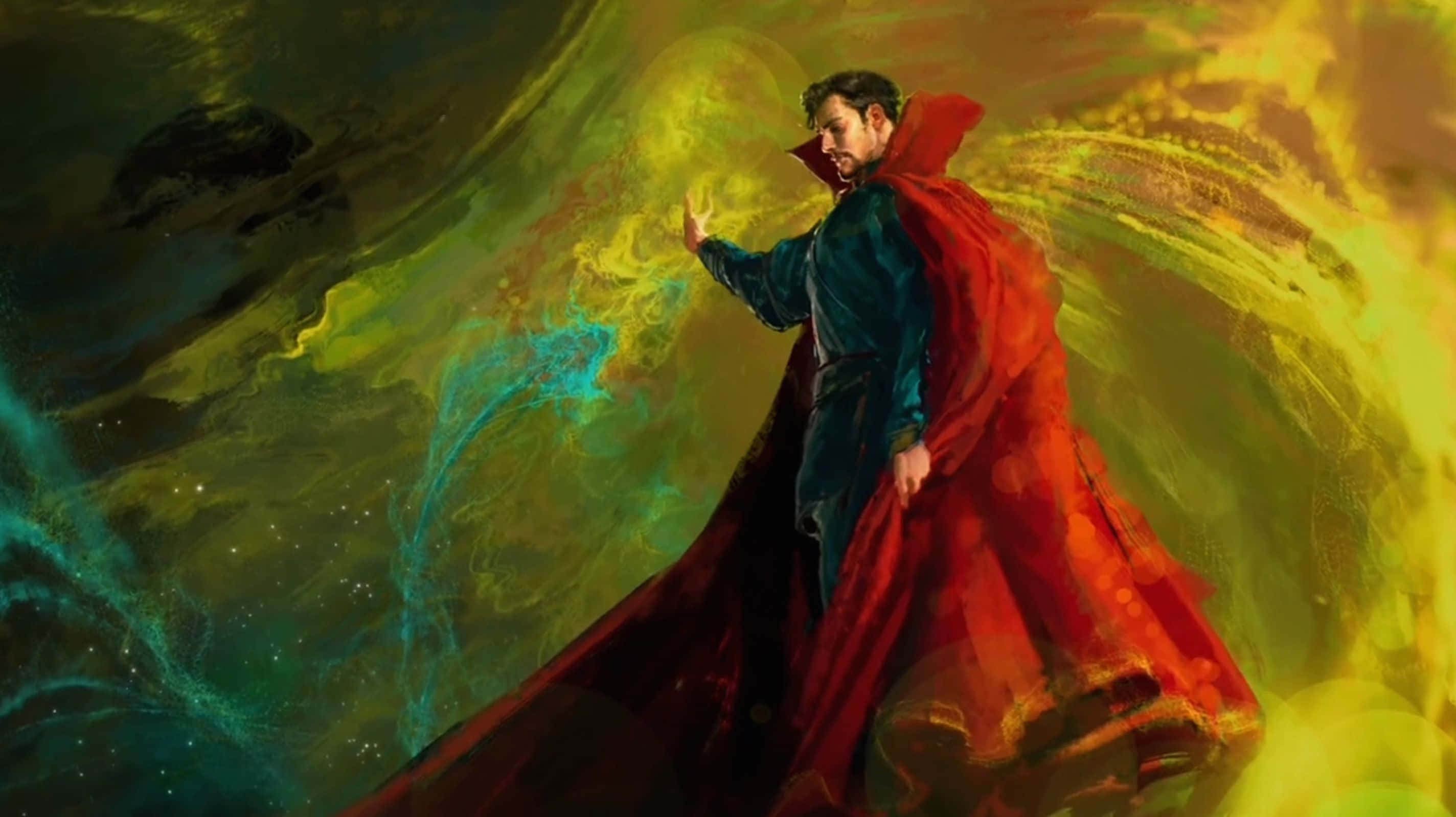 Doctor Strange 2 桌布 壁紙 — 一位身穿飄逸紅色斗篷的巫師，在旋轉星雲背景下引導發光的宇宙能量。