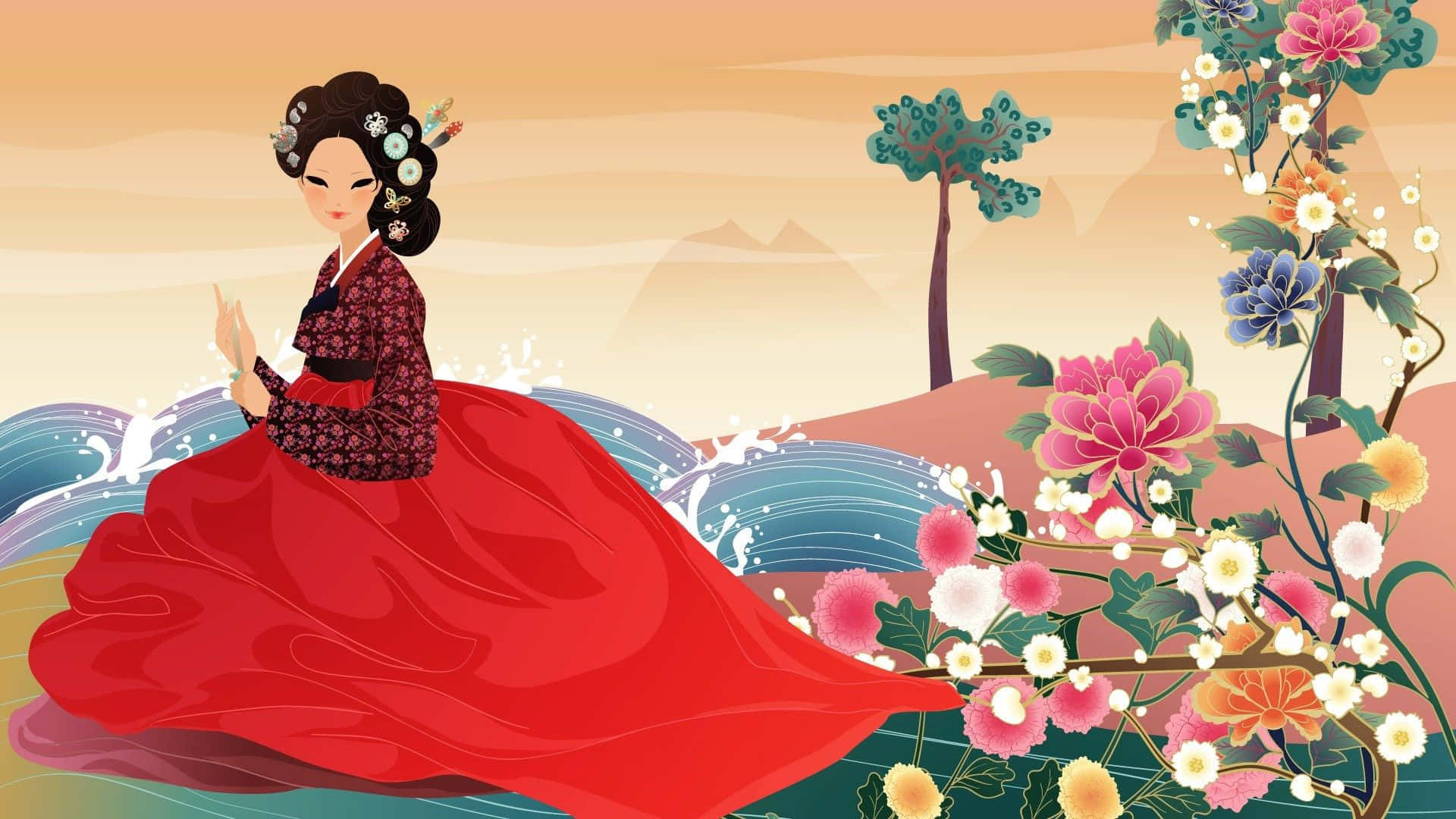 韓國 桌布 壁紙 — 一位身穿飄逸紅色韓服的女士，在柔和夕陽天空的映襯下，優雅地坐在盛開的鮮花旁。