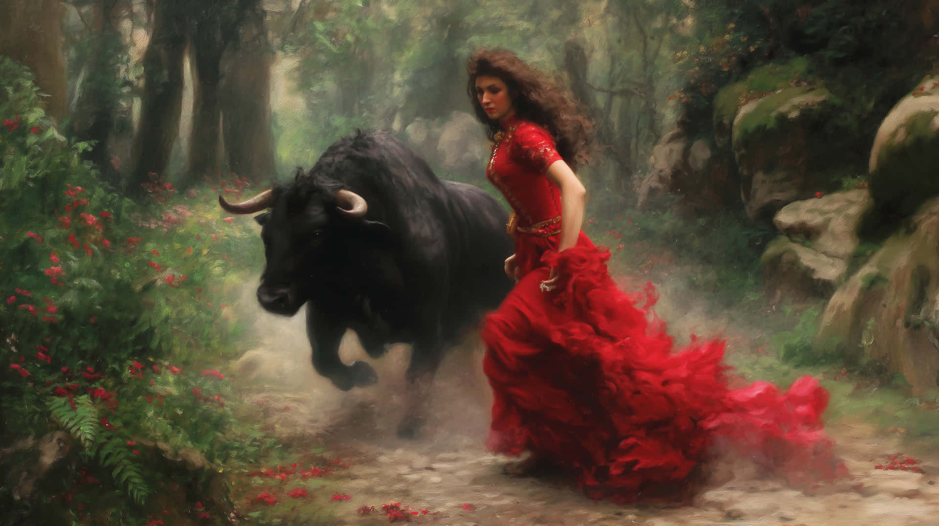 Dramatic Matador Painting: Woman with Bull in Forest 壁紙 — 一位身穿飄逸紅裙的女子，在霧氣瀰漫、開滿紅花的森林中，在一頭衝鋒的黑牛旁邊跳舞。