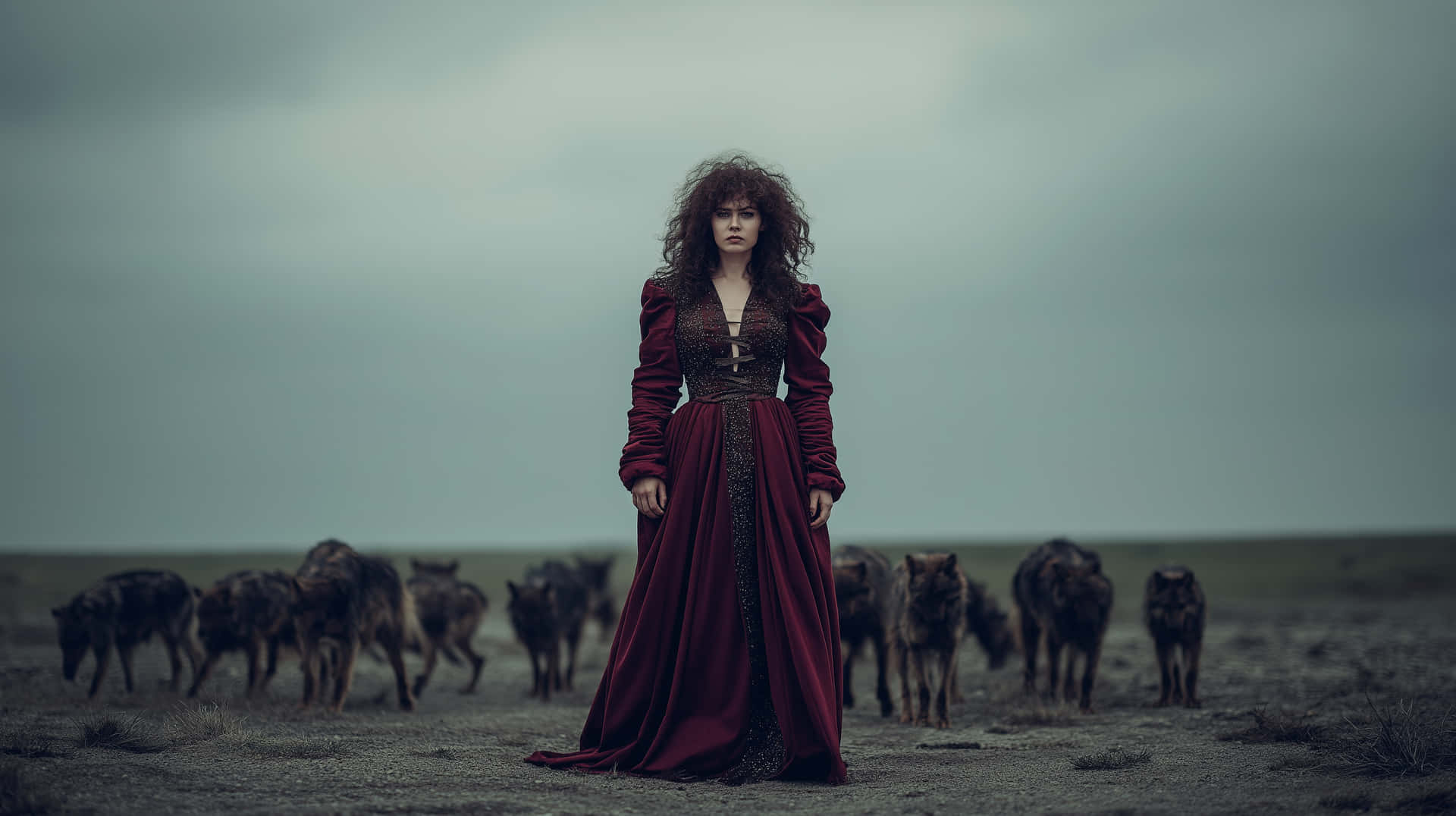 Enigmatic Woman in Red with Wolf Pack on a Barren Landscape 壁紙 — 一位身穿飄逸紅裙的女子莊嚴地站在荒蕪的田野中，一群狼在灰濛濛的天空下聚集在她周圍。