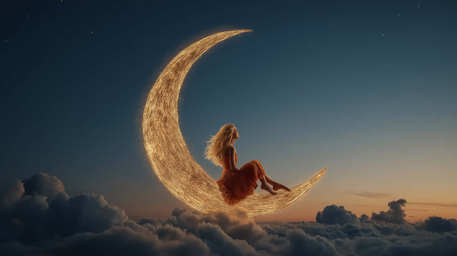 Dreamy Moon Rest 壁紙 — 一位身穿飄逸紅裙的女性，在黃昏時分寧靜地坐在 fluffy 雲朵上方發光的彎月上。