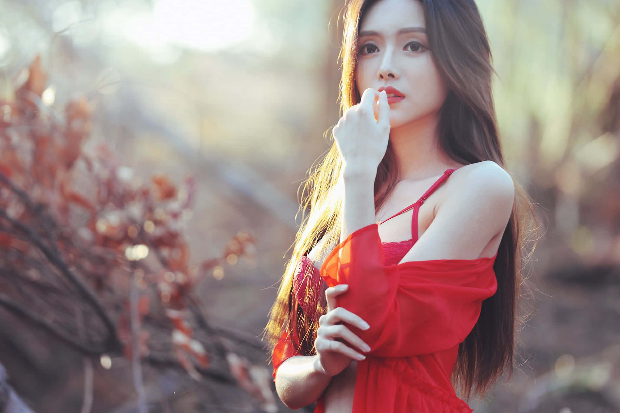 時尚 桌布 壁紙 — 一位身穿飄逸紅裙的女性站在柔和的金色陽光中，身後是秋葉。