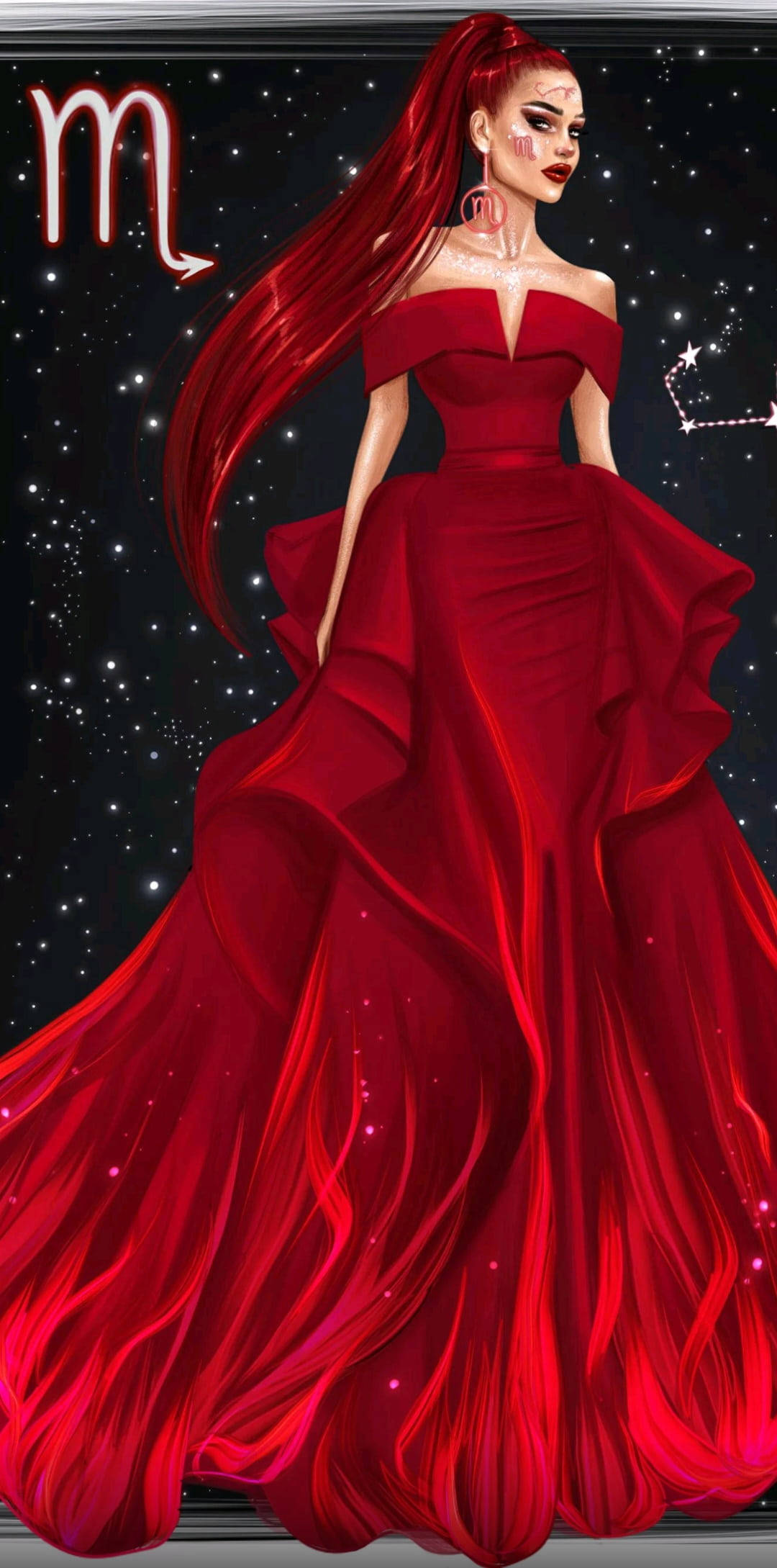 Scorpio 桌布 壁紙 — 一位身穿飄逸紅裙的迷人女士，站在繁星點點的夜空下，伴隨著發光的天蠍座符號。