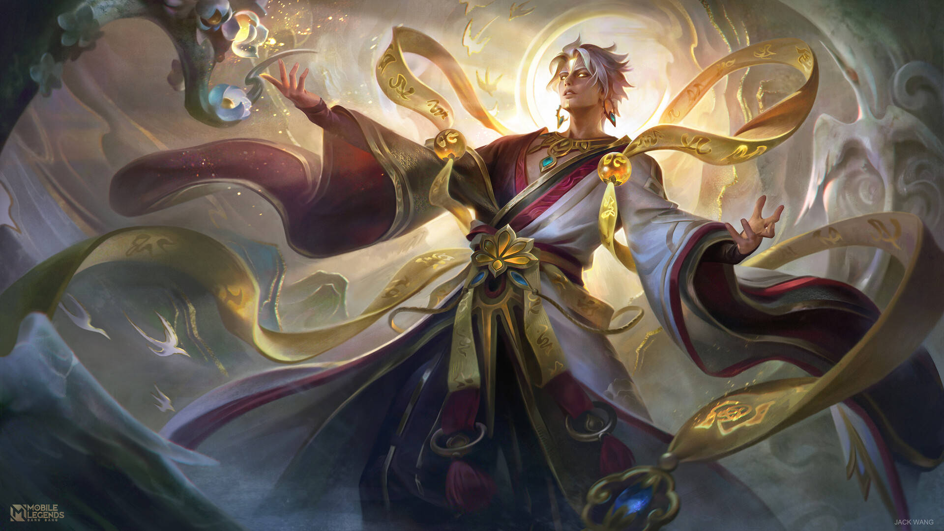 heroes 桌布 壁紙 — 一位身穿飄逸紅金長袍、光芒四射的動漫戰士，正透過圍繞他們旋轉的發光絲帶引導神秘能量。