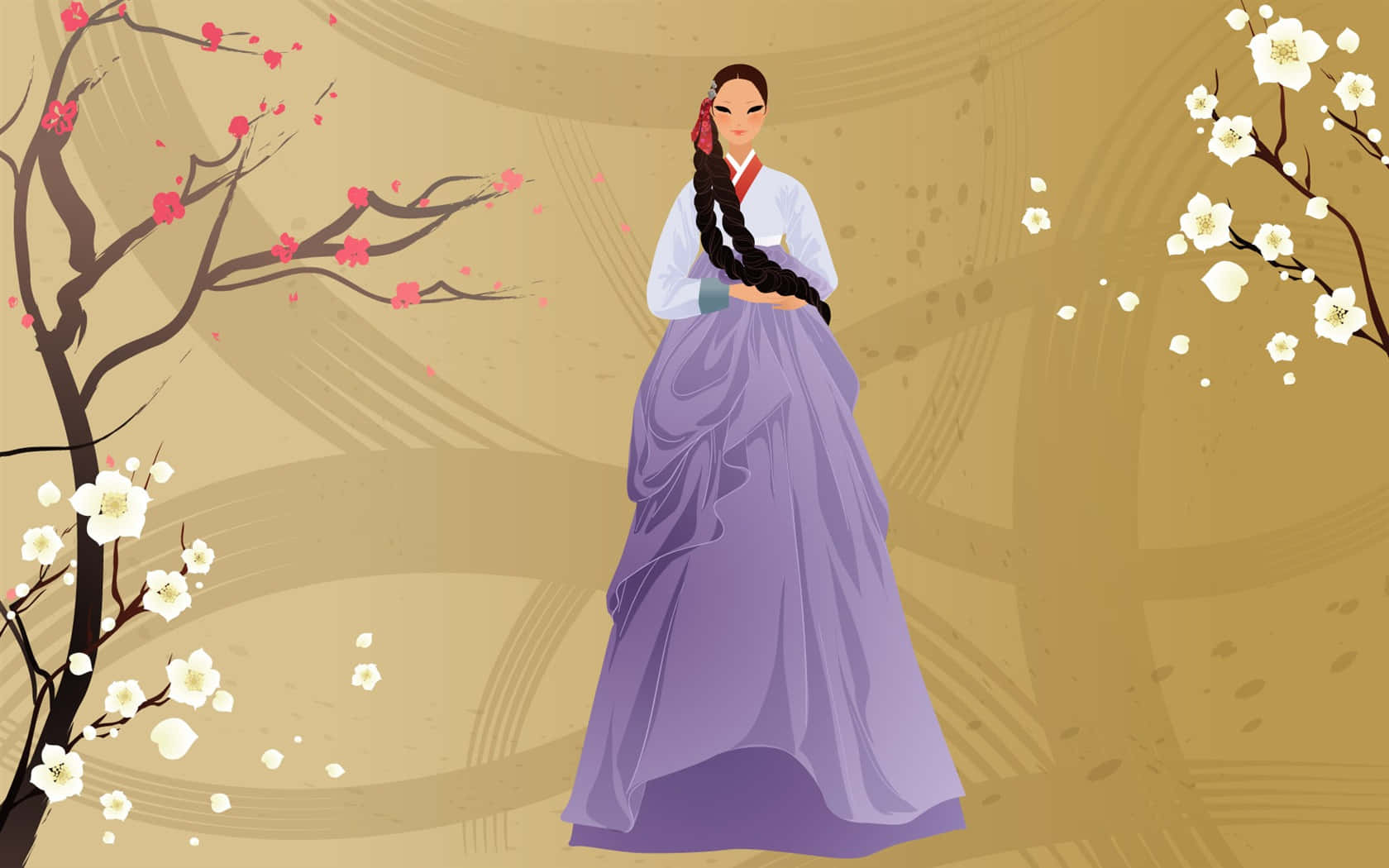 korean 桌布 壁紙 — 一位身穿飄逸紫色韓服的優雅女士，站在盛開的粉紅色和白色櫻花枝條中，背景是溫暖的米色。