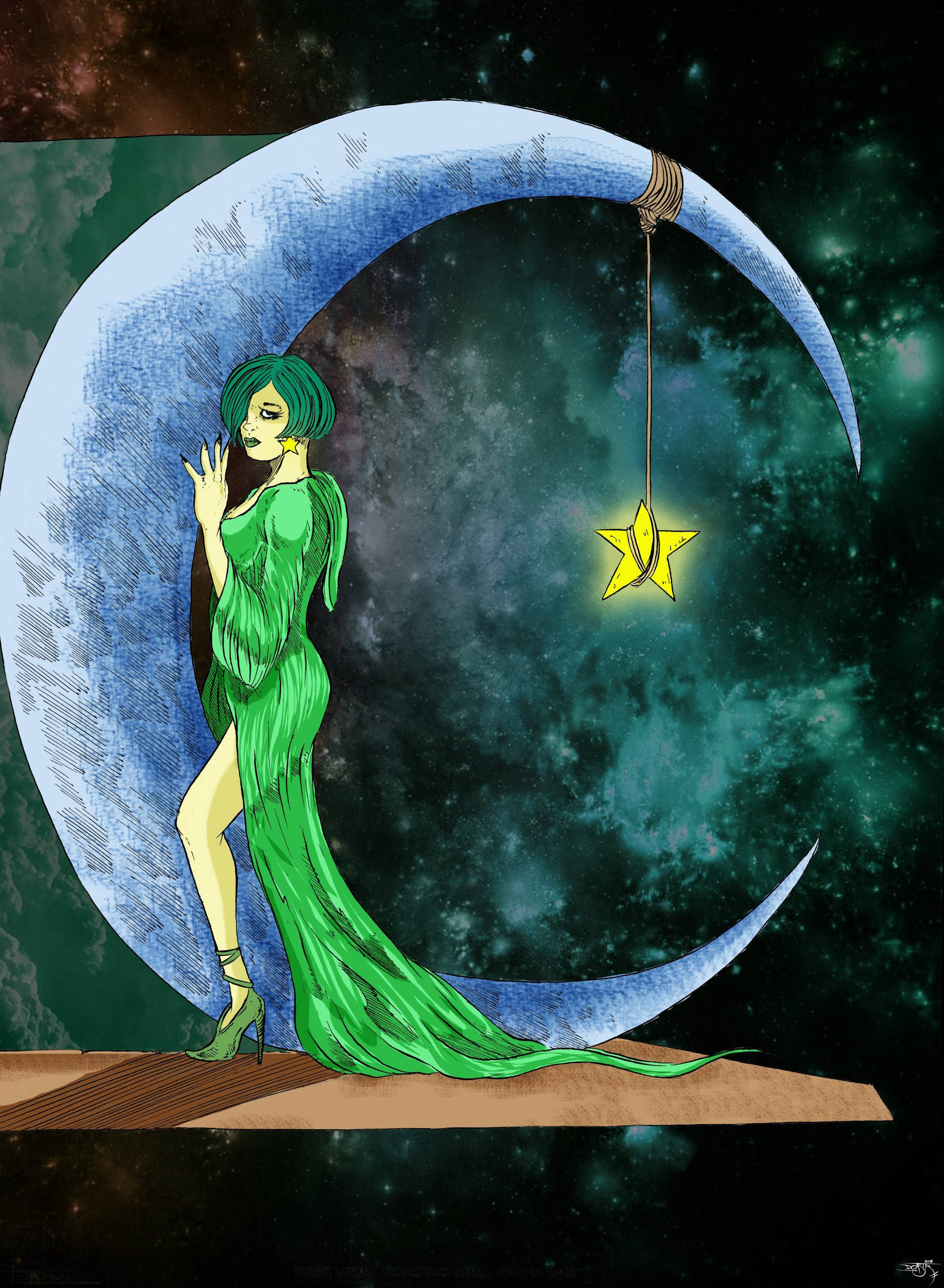 月亮與星星 桌布 壁紙 — 一位身穿飄逸綠色長裙的女性站在新月旁，手持一顆發光的星星，背景是宇宙中的青綠色和黑色星雲。
