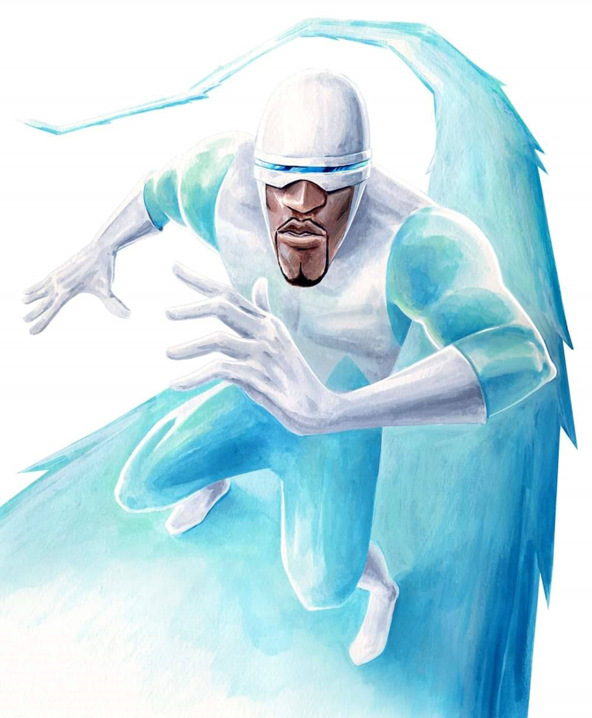 Frozone 桌布 壁紙 — 一位身穿飄逸藍白套裝、披風和面具的超級英雄，帶著強烈的專注力向前猛衝。