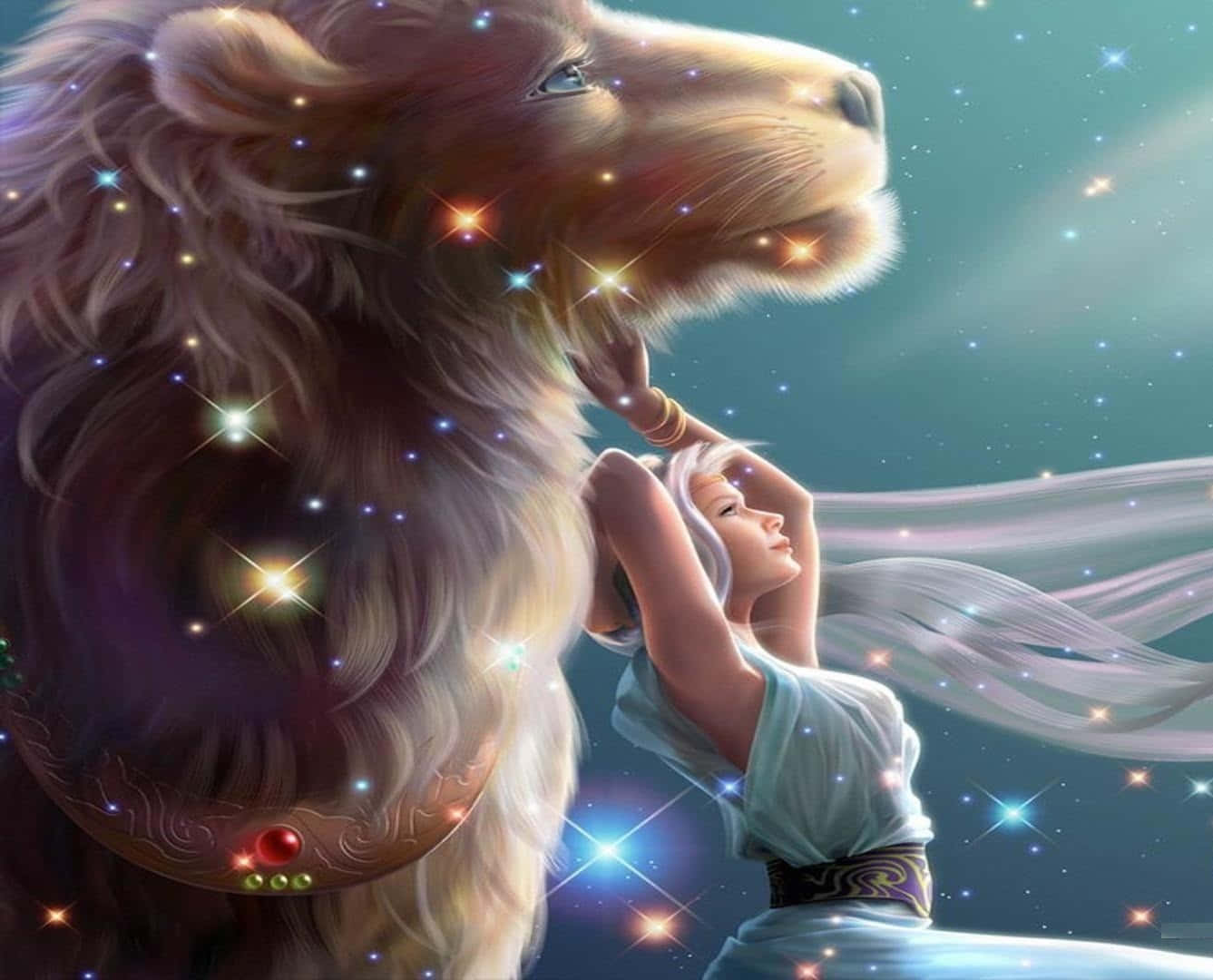 Leo 桌布 壁紙 — 一位身穿飄逸長袍的女性，在星光閃爍的天界場景中，溫柔地觸摸著一頭雄偉獅子的臉龐。