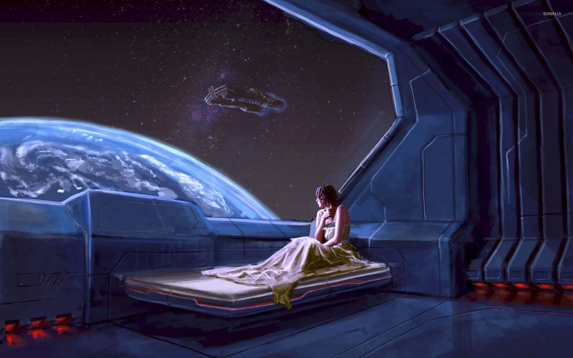 Spaceship 桌布 壁紙 — 一位身穿飄逸長袍的女性，沉思地坐在一張未來風格的床上，透過太空船的寬大窗戶凝視著地球和一艘太空船。